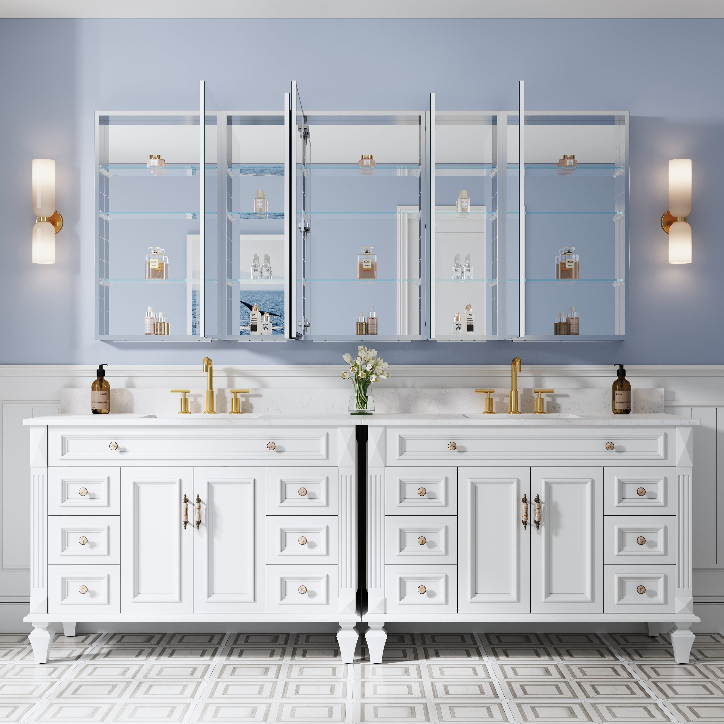 84 in. ×36 in. Copper-Free Tri-Views Mirror Medicine Cabinet with Adjustable Shelves and 5 Swing Doors