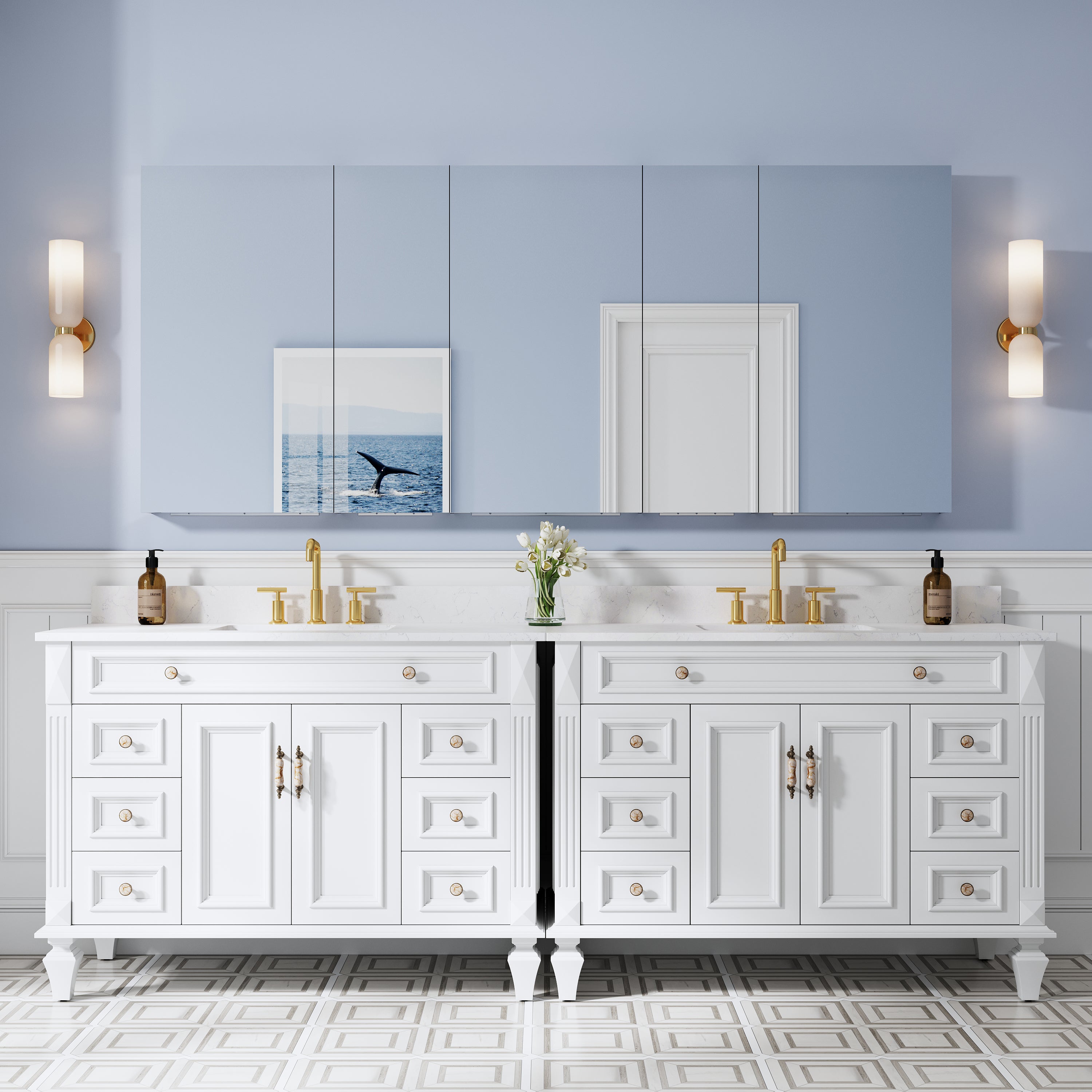 84 in. ×36 in. Copper-Free Tri-Views Mirror Medicine Cabinet with Adjustable Shelves and 5 Swing Doors