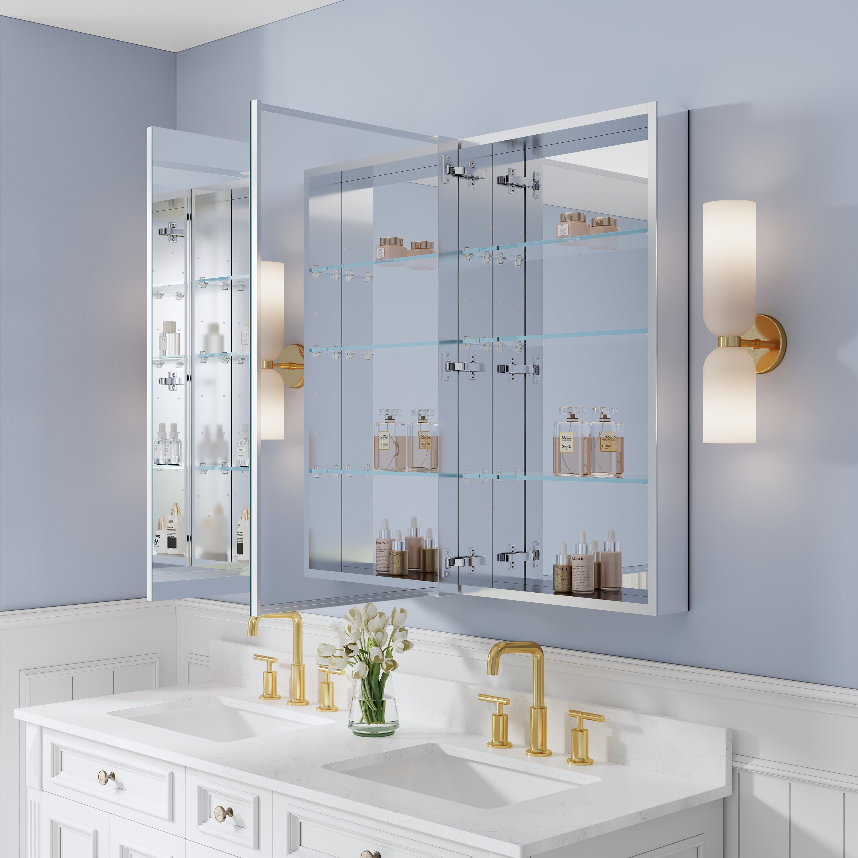 52 in. ×36 in. Copper-Free Tri-Views Mirror Medicine Cabinet with Adjustable Shelves and 3 Doors