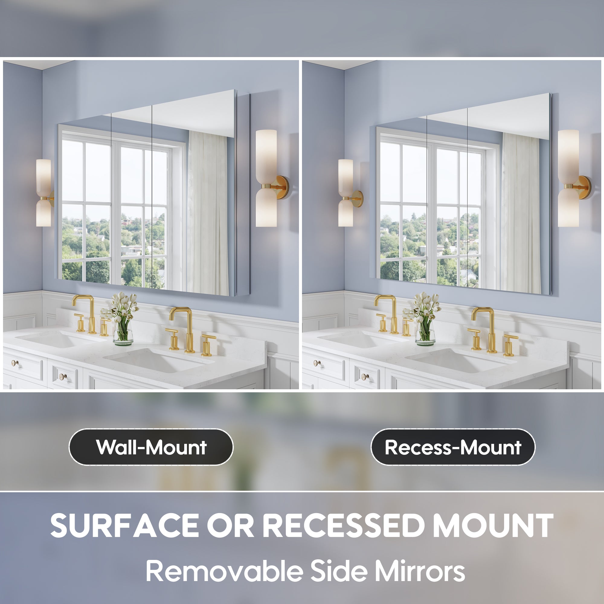 52 in. ×36 in. Copper-Free Tri-Views Mirror Medicine Cabinet with Adjustable Shelves and 3 Doors