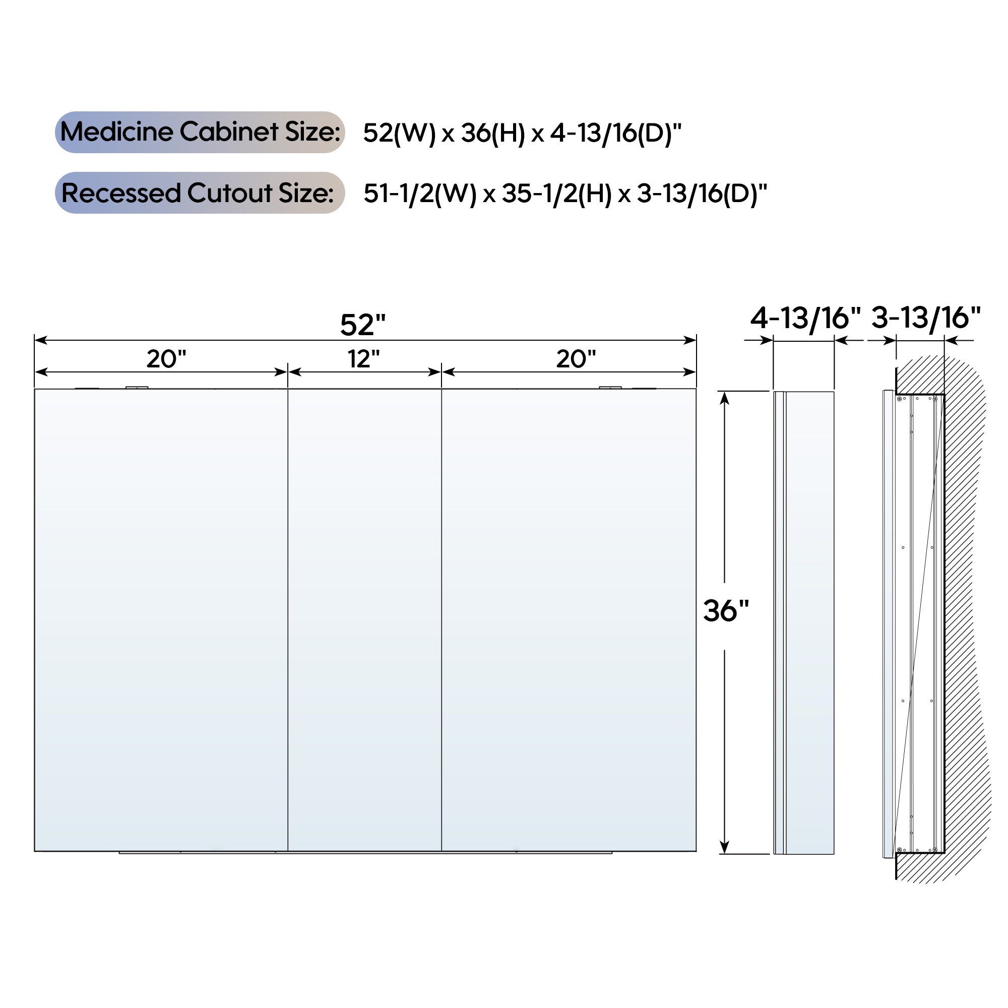 52 in. ×36 in. Copper-Free Tri-Views Mirror Medicine Cabinet with Adjustable Shelves and 3 Doors
