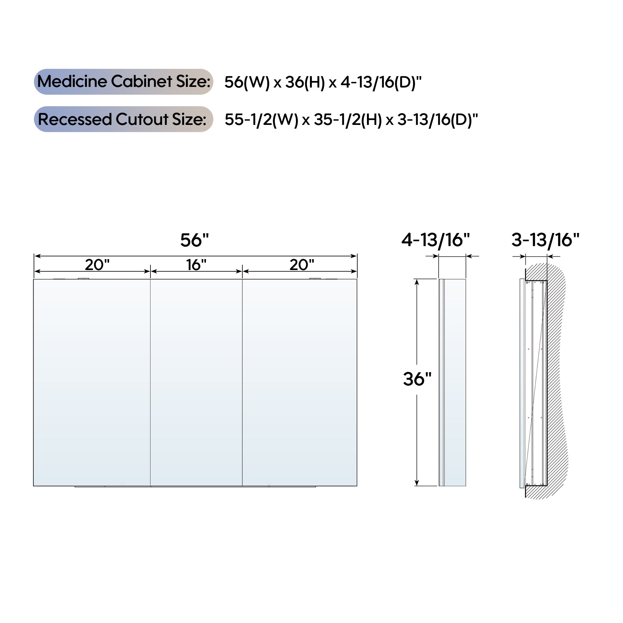 56 in. ×36 in. Copper-Free Tri-Views Mirror Medicine Cabinet with Adjustable Shelves and 3 Doors