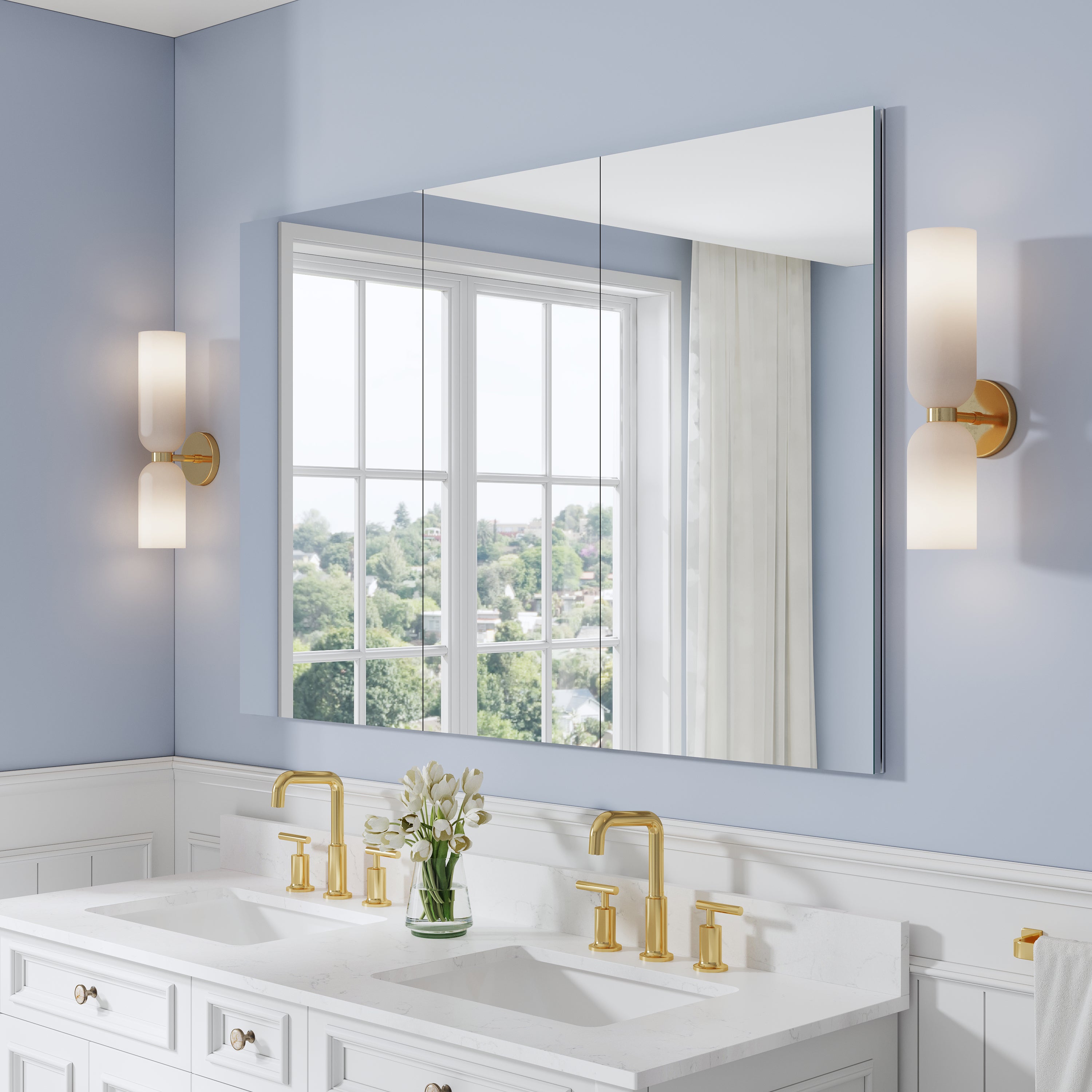 56 in. ×36 in. Copper-Free Tri-Views Mirror Medicine Cabinet with Adjustable Shelves and 3 Doors