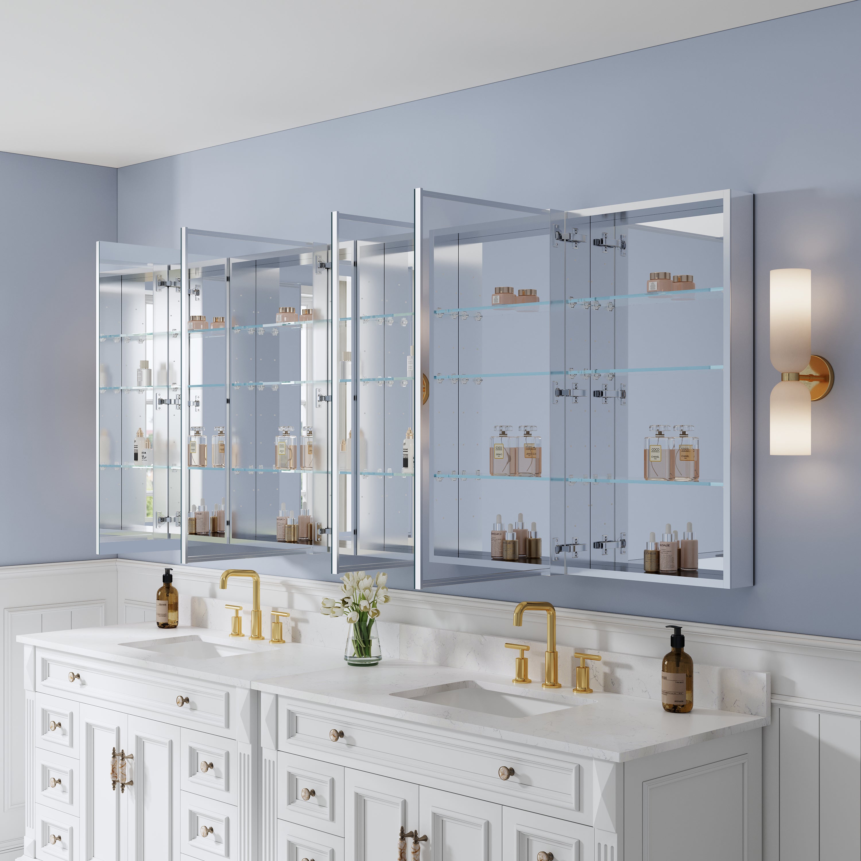 92 in. ×36 in. Copper-Free Tri-Views Mirror Medicine Cabinet with Adjustable Shelves and 5 Swing Doors