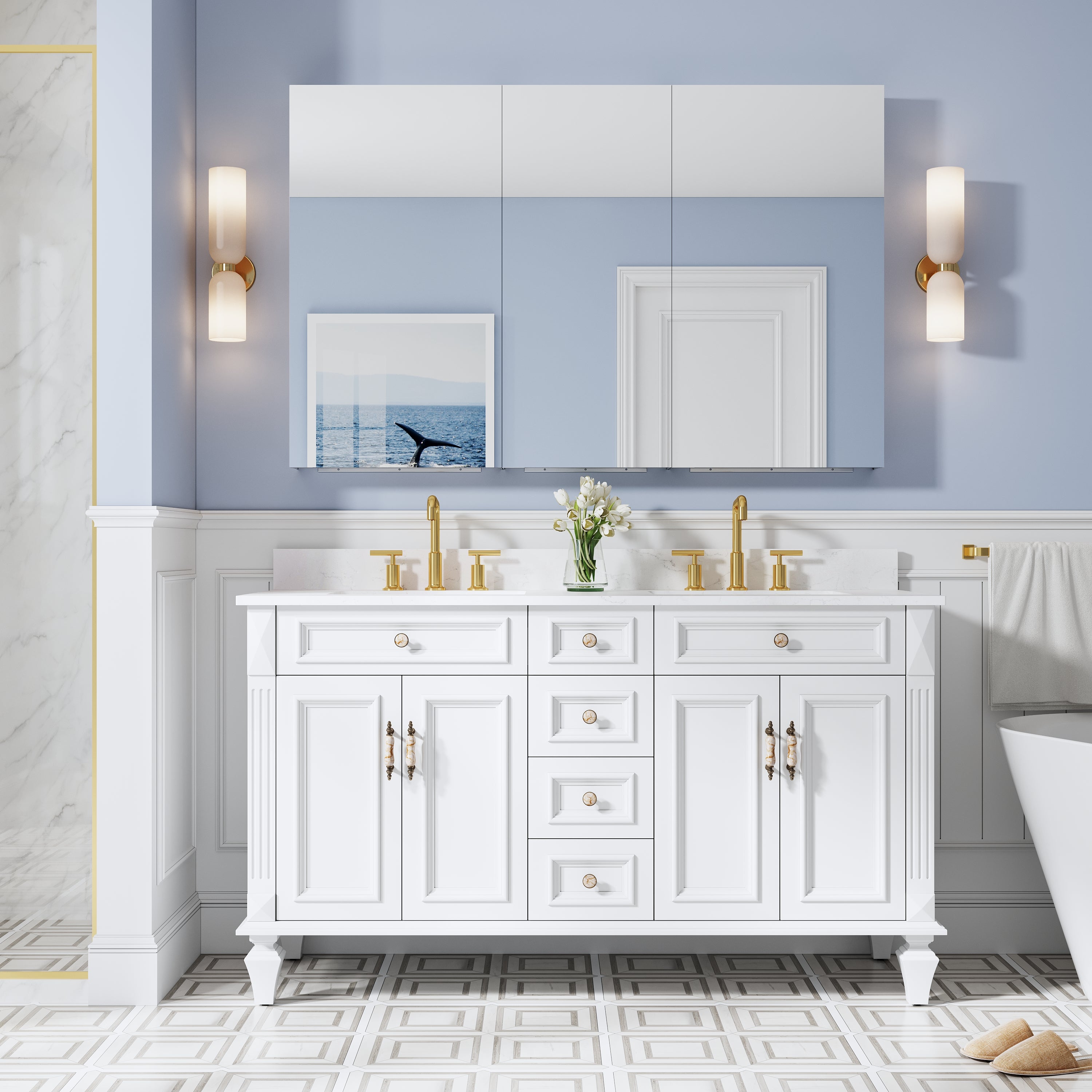 56 in. ×36 in. Copper-Free Tri-Views Mirror Medicine Cabinet with Adjustable Shelves and 3 Doors