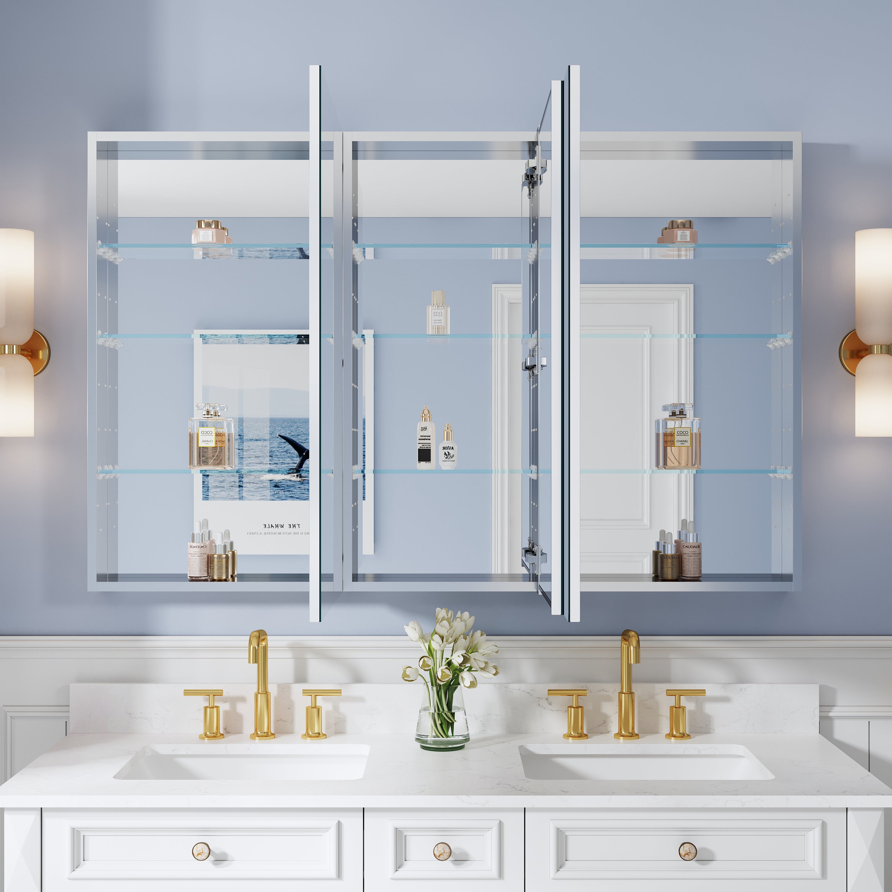 56 in. ×36 in. Copper-Free Tri-Views Mirror Medicine Cabinet with Adjustable Shelves and 3 Doors