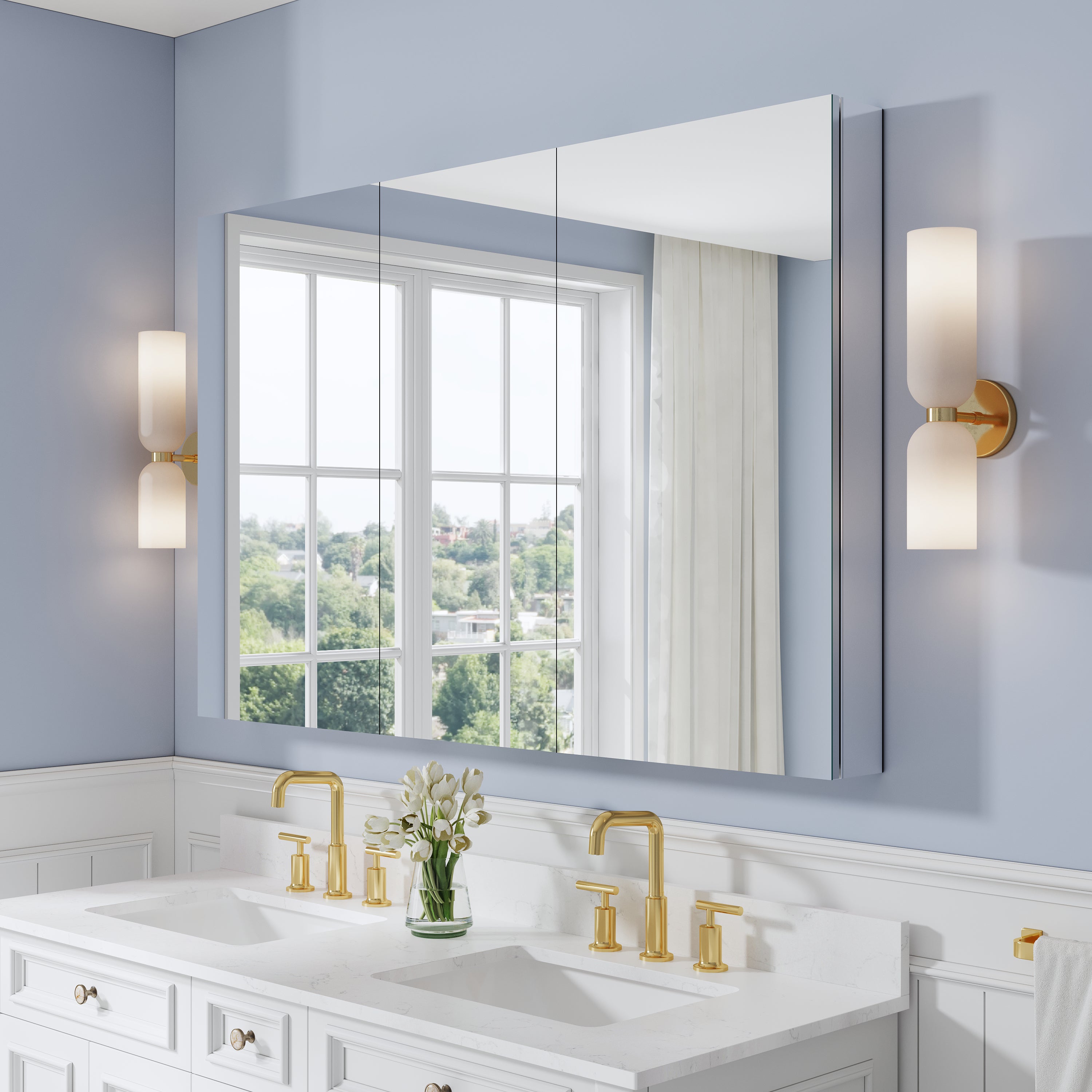 56 in. ×36 in. Copper-Free Tri-Views Mirror Medicine Cabinet with Adjustable Shelves and 3 Doors