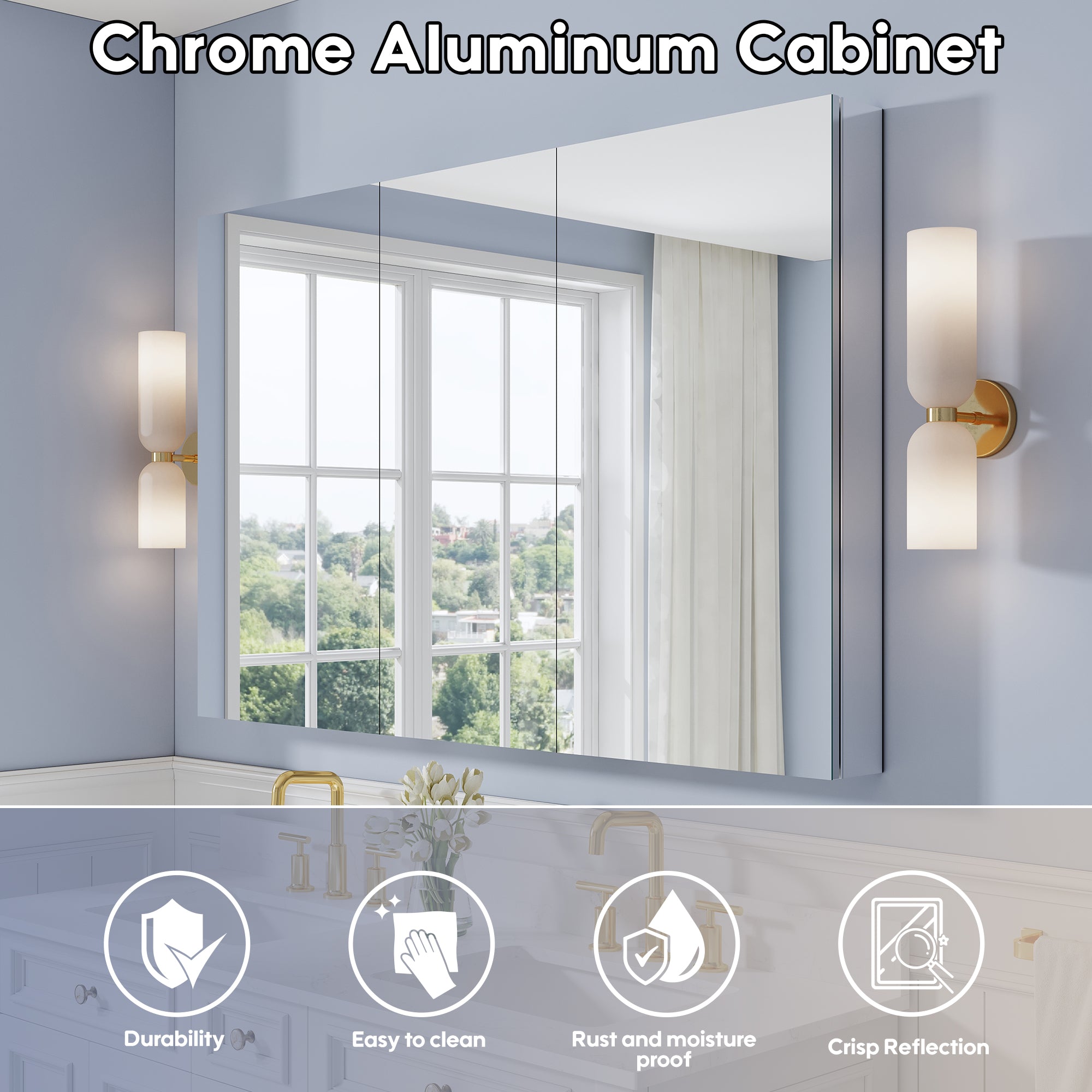 56 in. ×36 in. Copper-Free Tri-Views Mirror Medicine Cabinet with Adjustable Shelves and 3 Doors