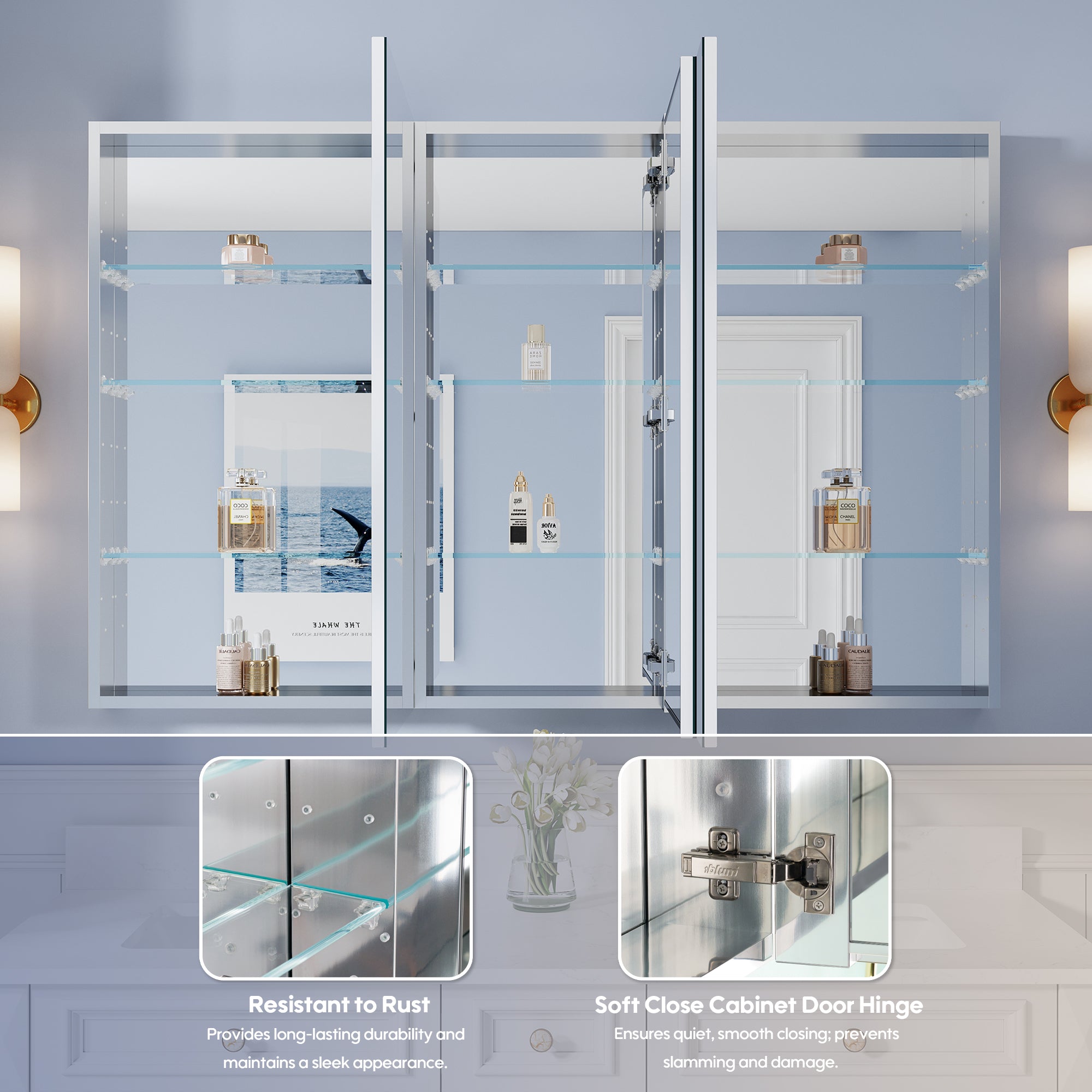 56 in. ×36 in. Copper-Free Tri-Views Mirror Medicine Cabinet with Adjustable Shelves and 3 Doors
