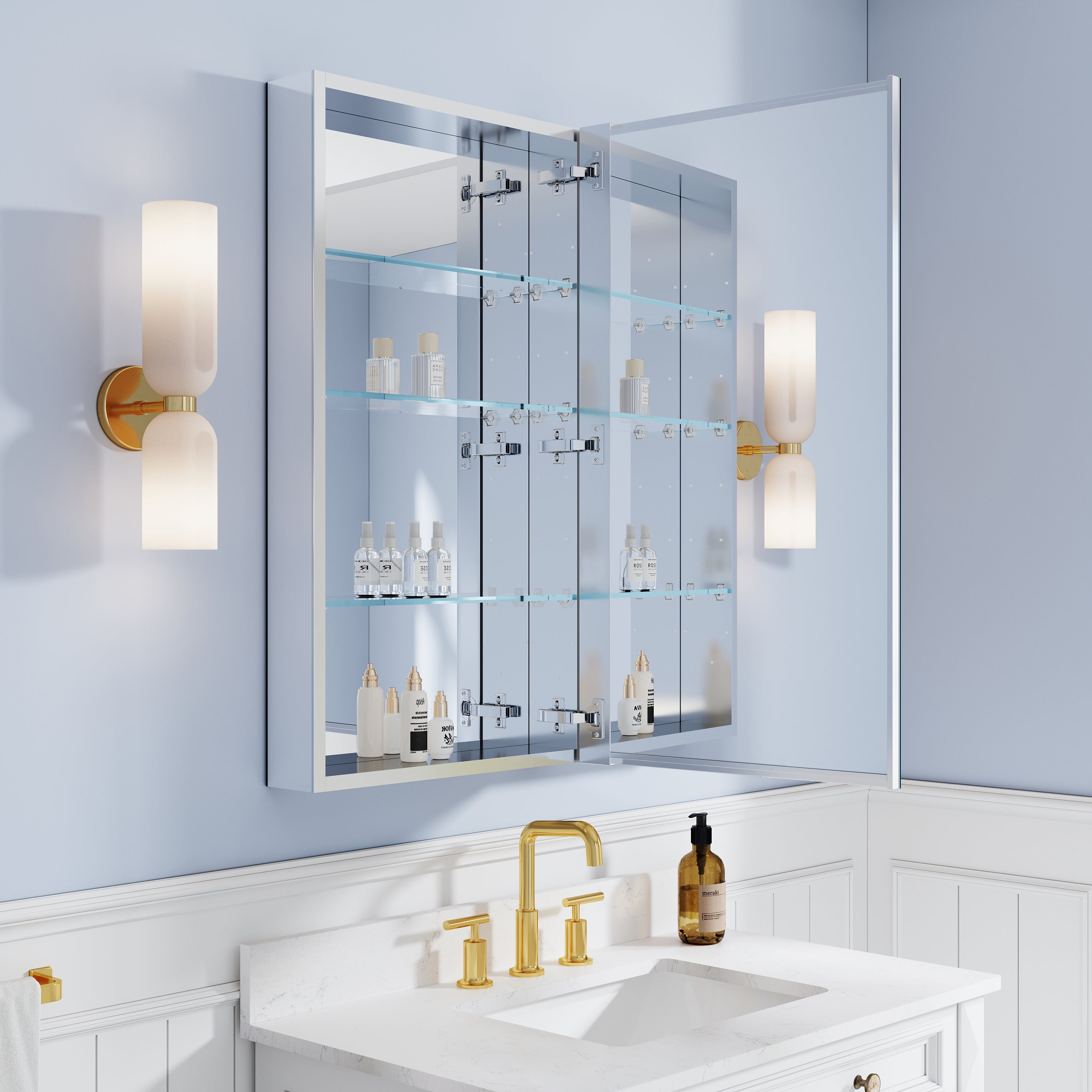 32 in. ×36 in. Bathroom Medicine Cabinet Set with Copper-Free Tri-View Mirror and Open Side Cabinet, Recessed or Surface Mount