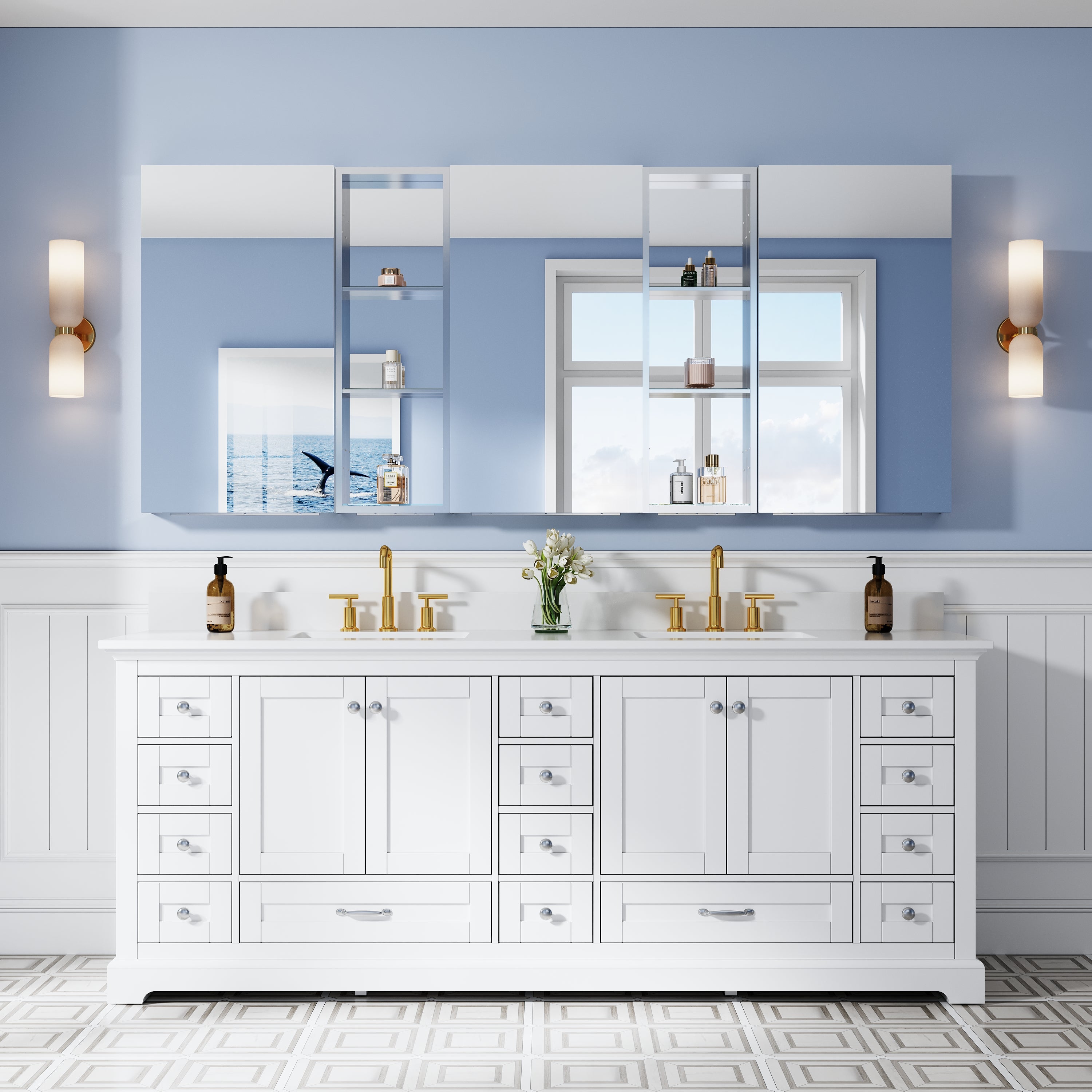 84 in. ×36 in. Aluminum Bathroom Medicine Cabinet and Open Shelf Set, Recessed or Surface Mount