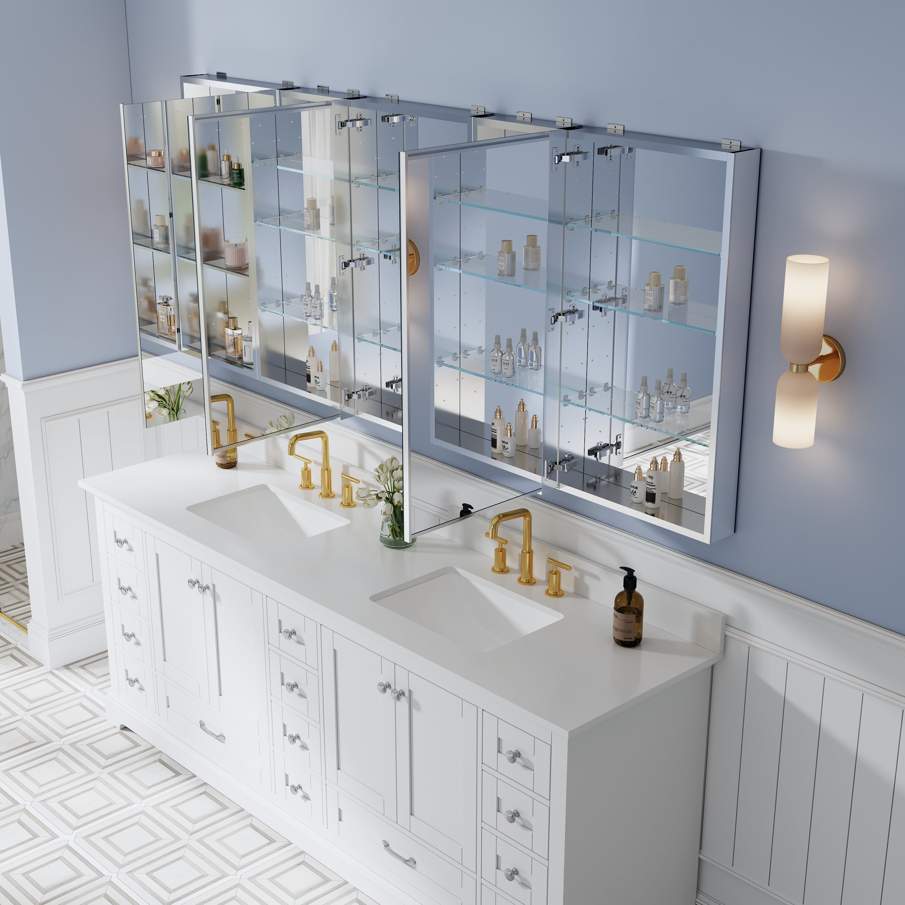 84 in. ×36 in. Bathroom Medicine Cabinet Set with Copper-Free Tri-View Mirror and Open Side Cabinet, Recessed or Surface Mount