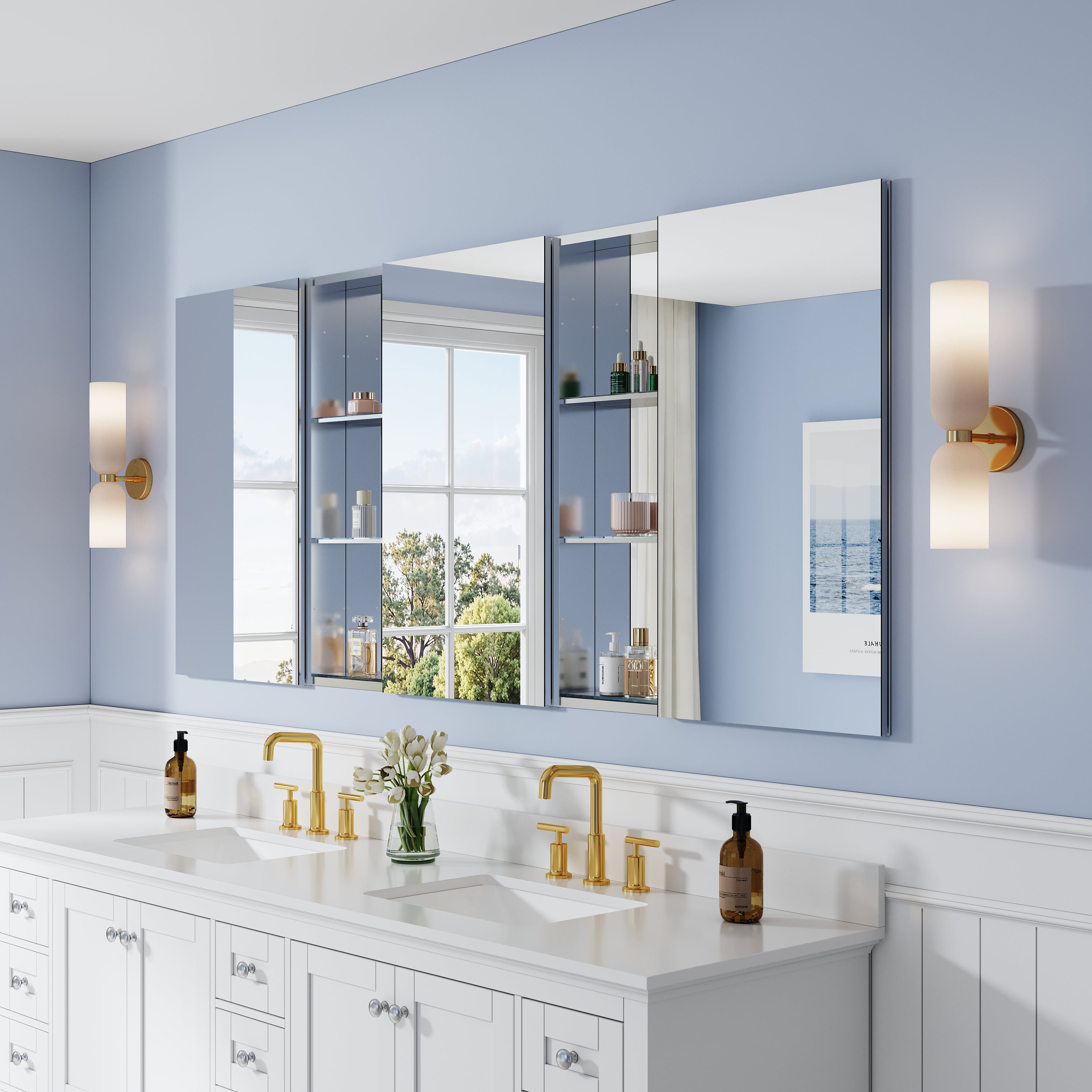 84 in. ×36 in. Aluminum Bathroom Medicine Cabinet and Open Shelf Set, Recessed or Surface Mount