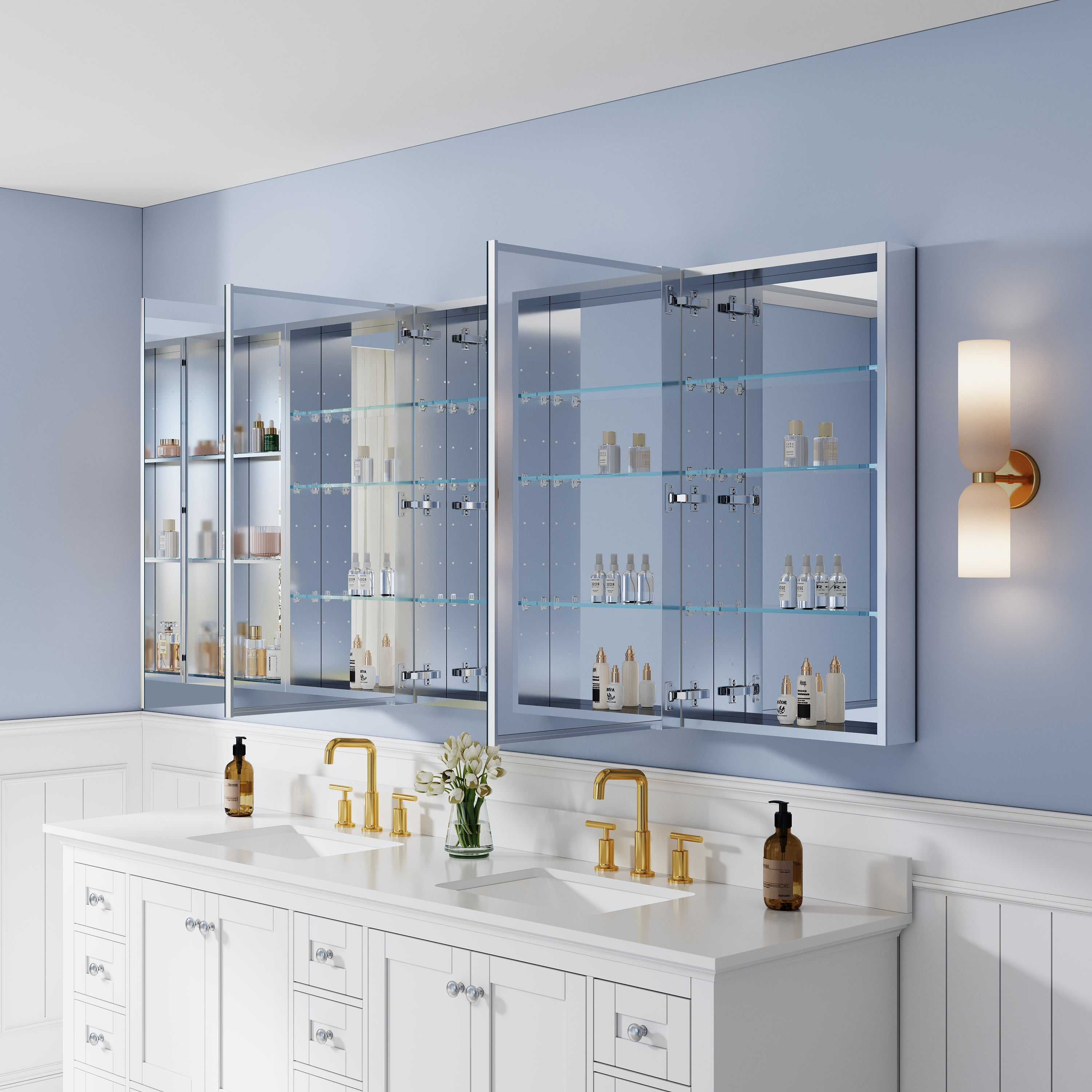 84 in. ×36 in. Aluminum Bathroom Medicine Cabinet and Open Shelf Set, Recessed or Surface Mount