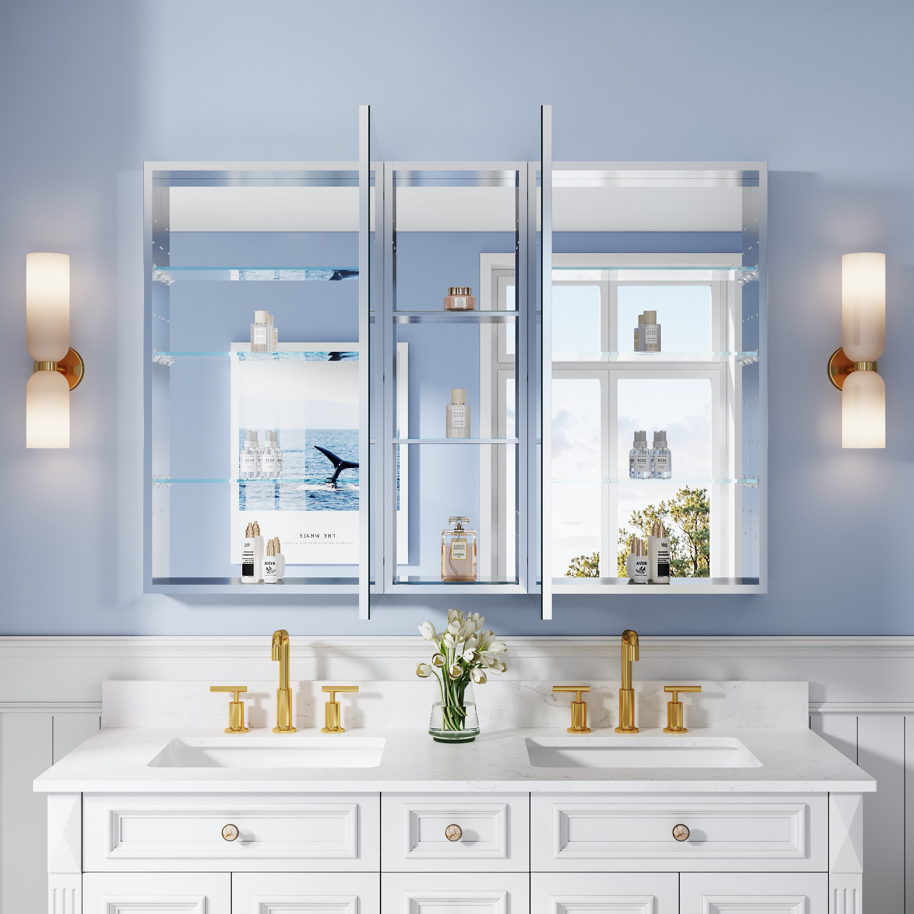 52 in. ×36 in. Bathroom Medicine Cabinet Set with Copper-Free Tri-View Mirror and Open Side Cabinet, Recessed or Surface Mount