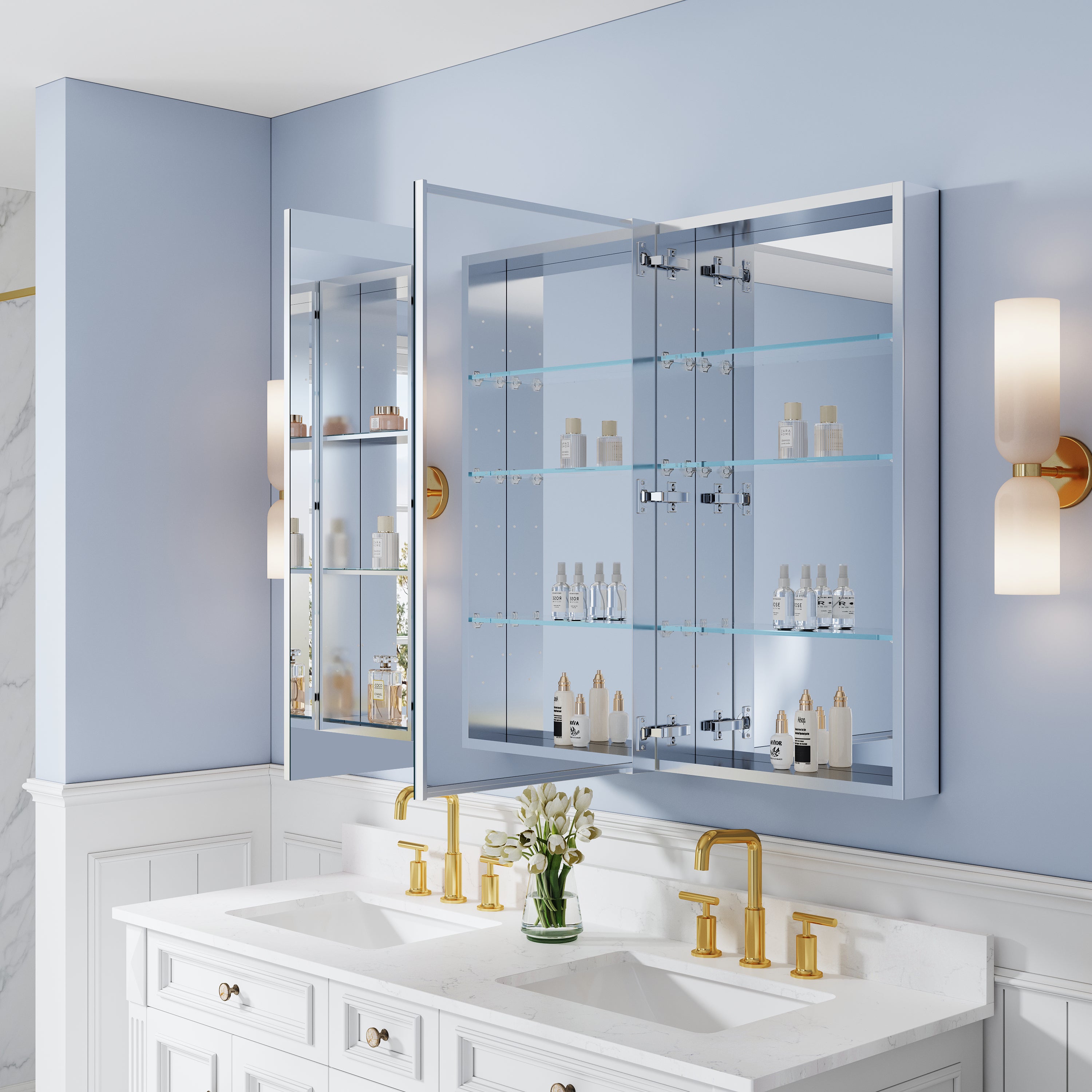 52 in. ×36 in. Bathroom Medicine Cabinet Set with Copper-Free Tri-View Mirror and Open Side Cabinet, Recessed or Surface Mount