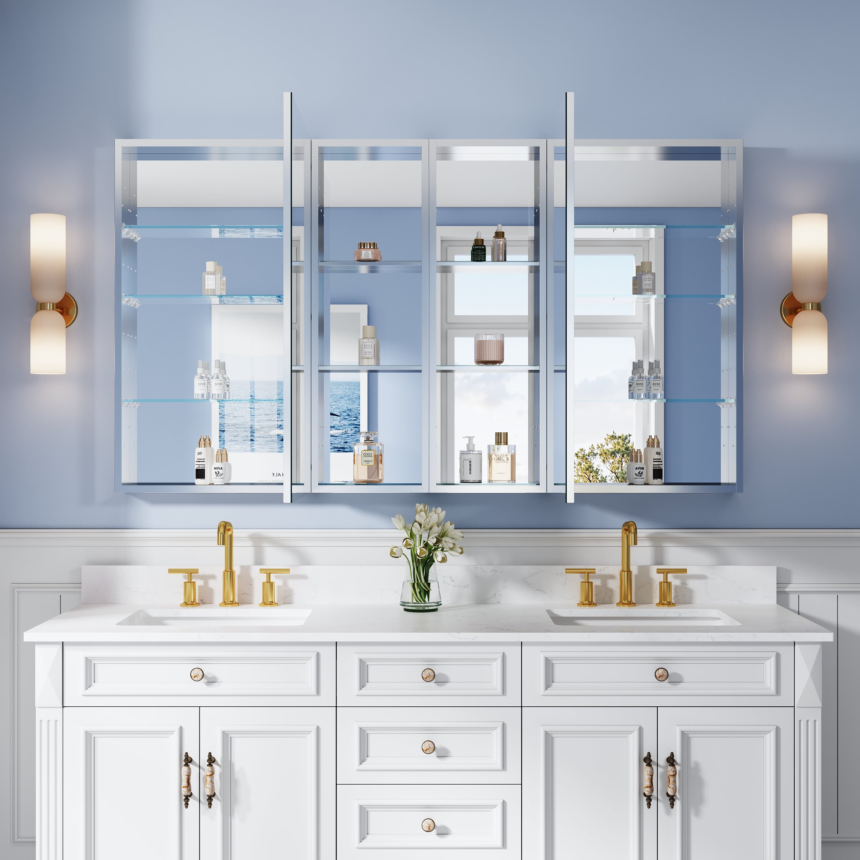 64 in. ×36 in. Bathroom Medicine Cabinet Set with Copper-Free Tri-View Mirror and Open Side Cabinet, Recessed or Surface Mount