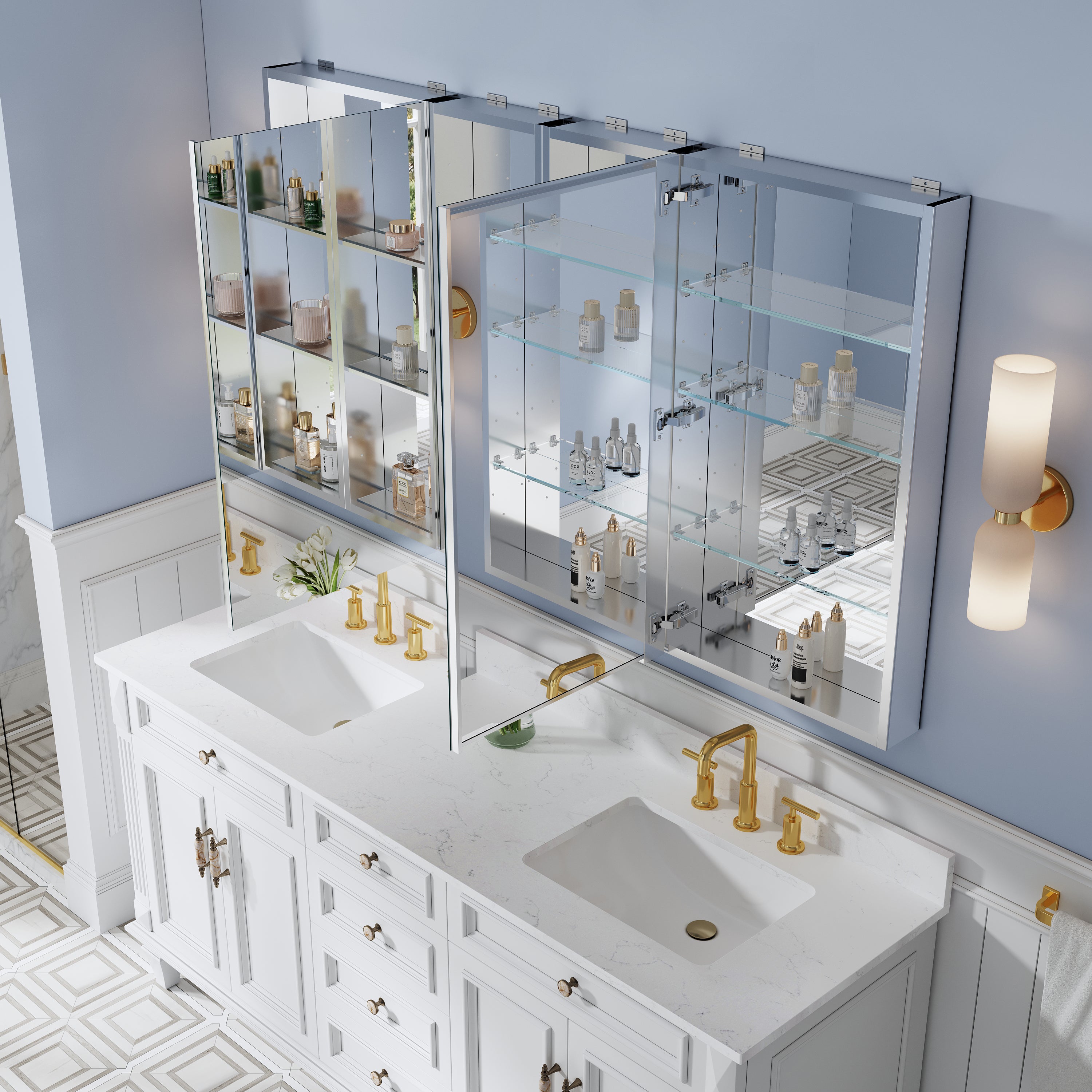 64 in. ×36 in. Bathroom Medicine Cabinet Set with Copper-Free Tri-View Mirror and Open Side Cabinet, Recessed or Surface Mount