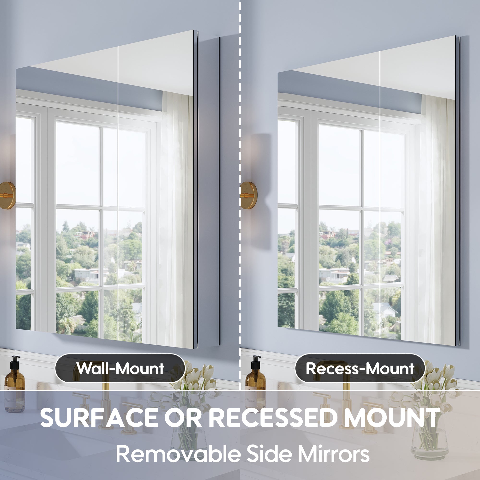 32 in. ×36 in. Copper-Free Tri-Views Mirror Medicine Cabinet with Adjustable Shelves and Dual Swing Doors