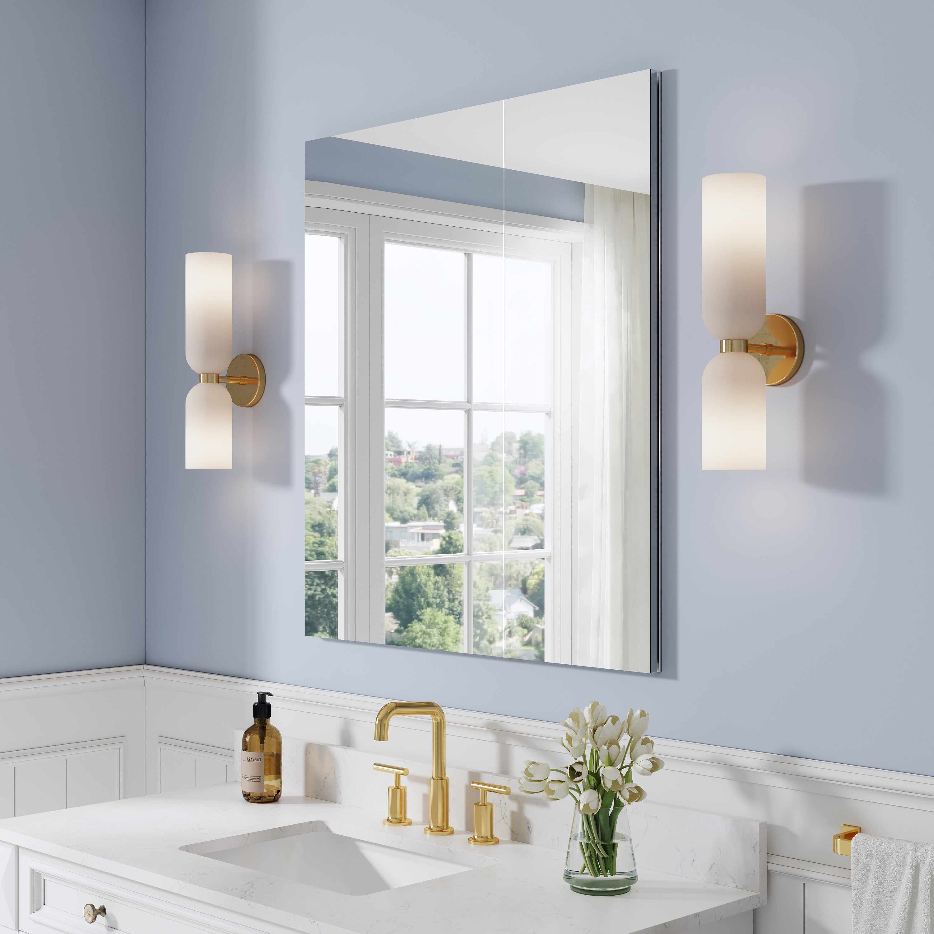 32 in. ×36 in. Copper-Free Tri-Views Mirror Medicine Cabinet with Adjustable Shelves and Dual Swing Doors
