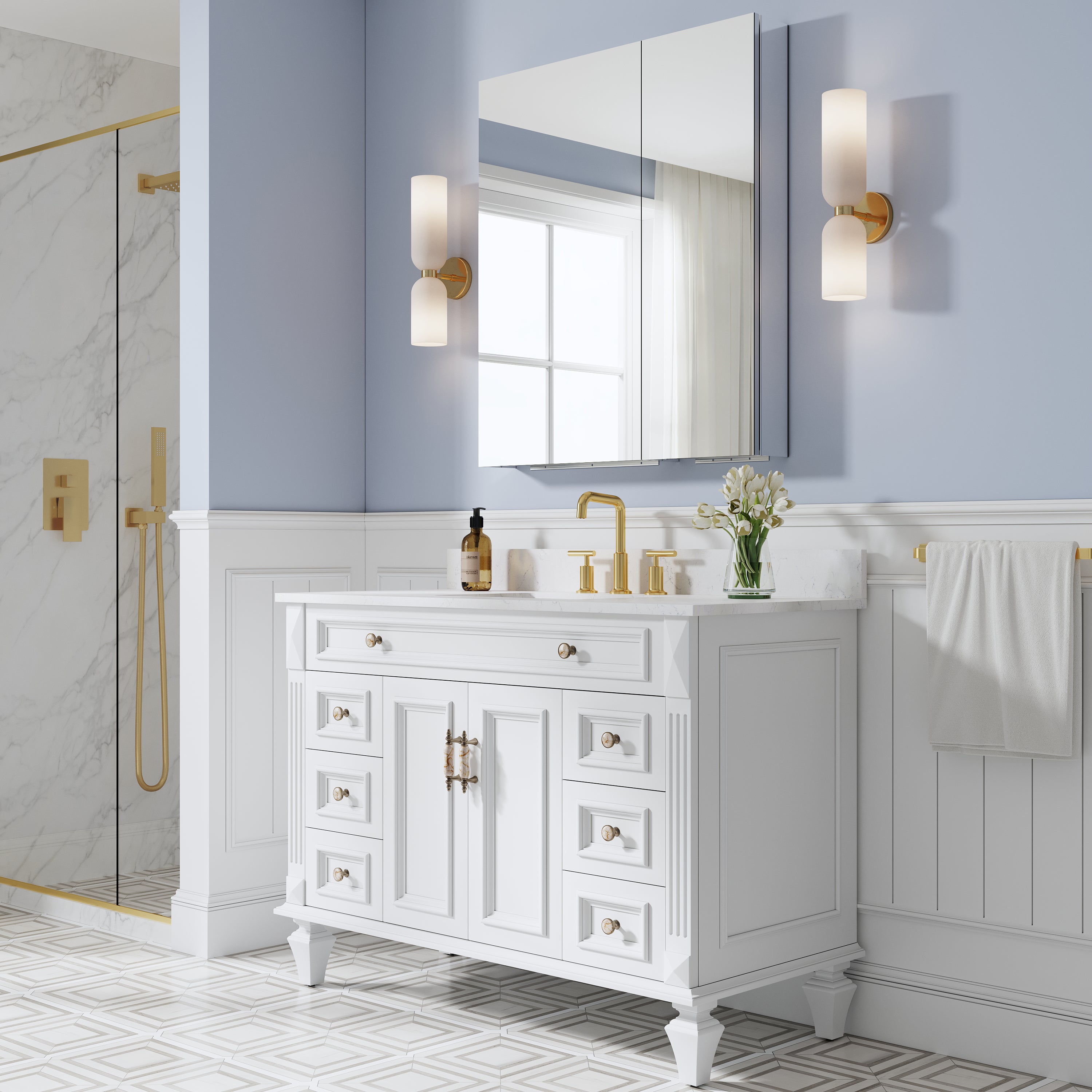 32 in. ×36 in. Copper-Free Tri-Views Mirror Medicine Cabinet with Adjustable Shelves and Dual Swing Doors