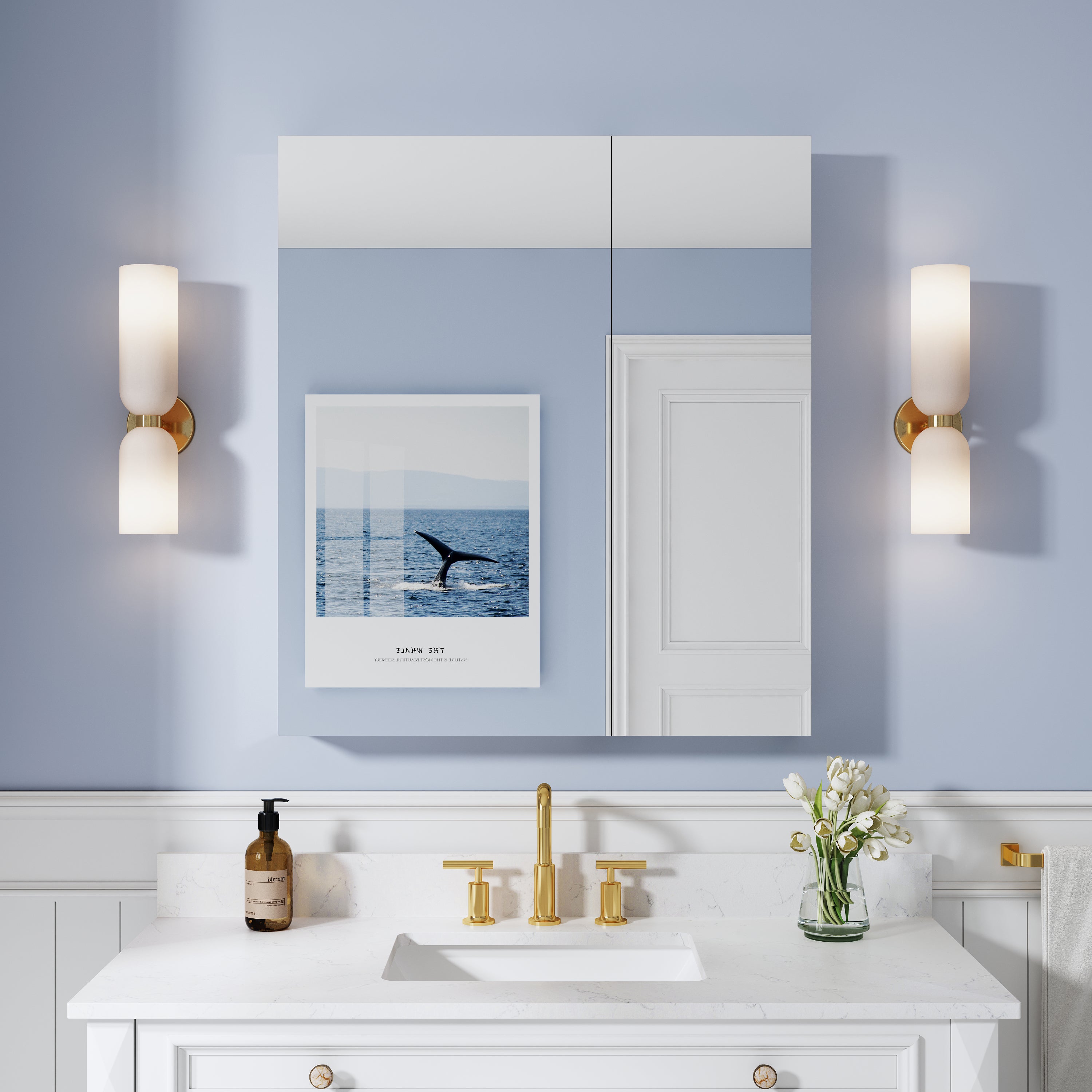 32 in. ×36 in. Copper-Free Tri-Views Mirror Medicine Cabinet with Adjustable Shelves and Dual Swing Doors