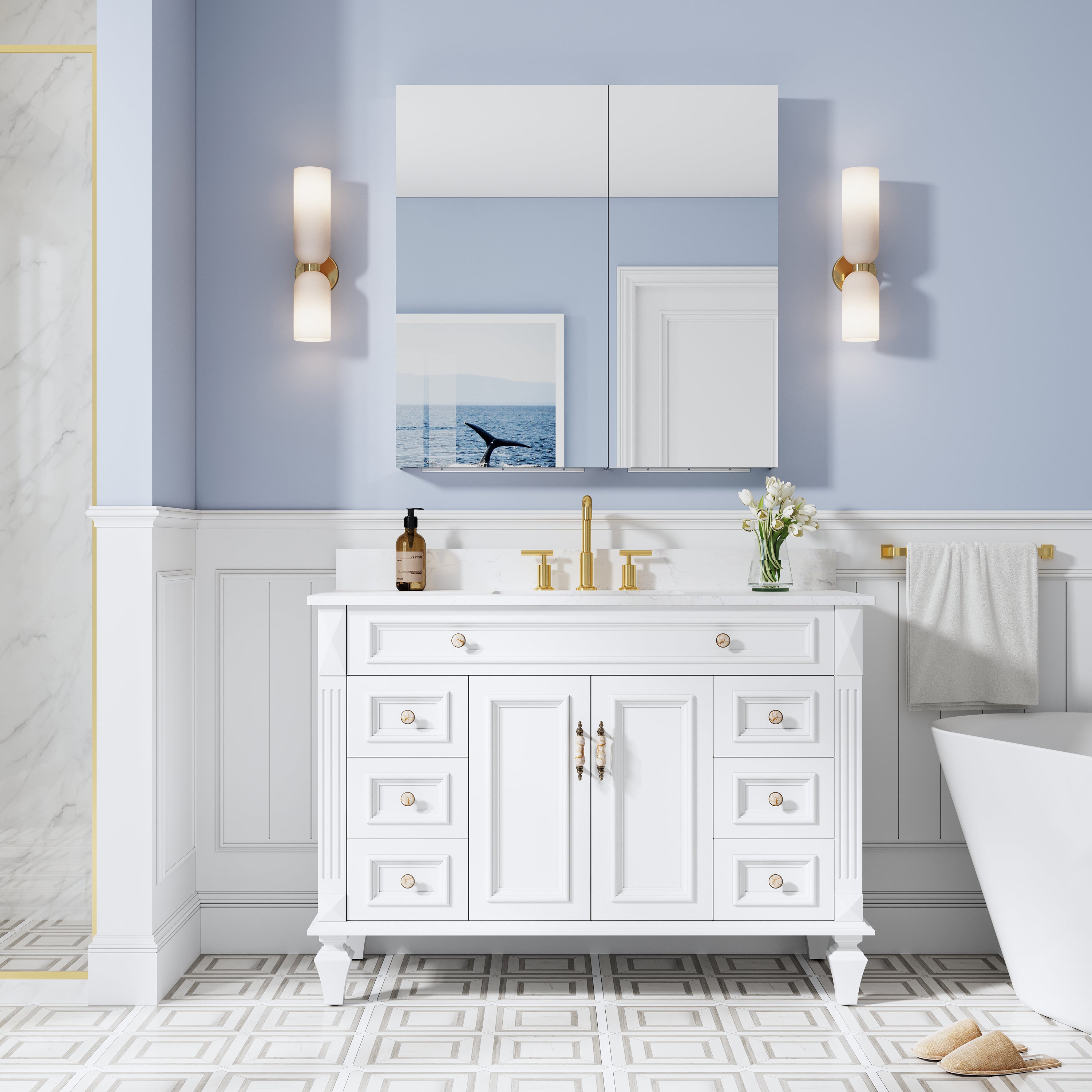 36 in. ×36 in. Copper-Free Tri-Views Mirror Medicine Cabinet with Adjustable Shelves and Dual Swing Doors