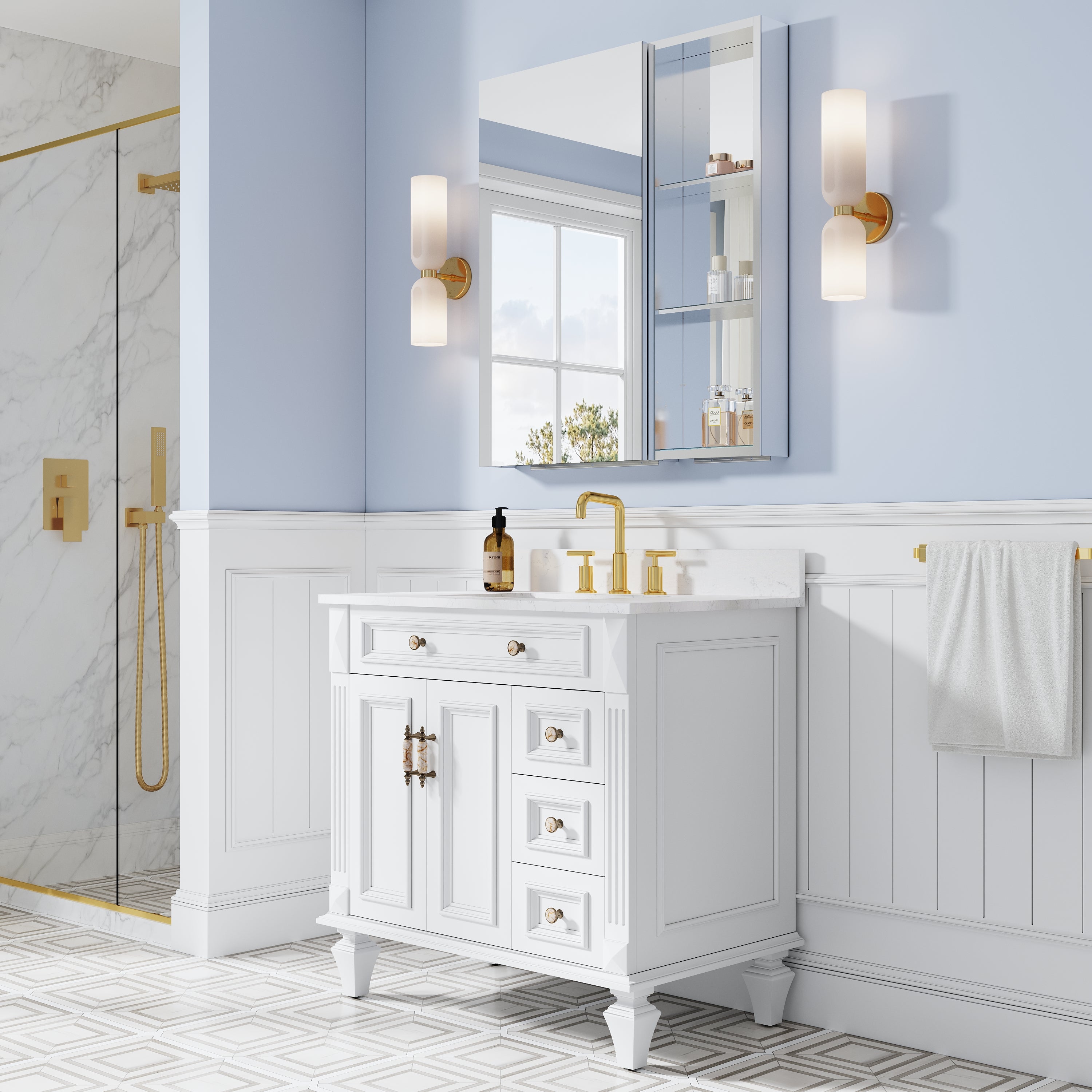 32 in. ×36 in. Bathroom Medicine Cabinet Set with Copper-Free Tri-View Mirror and Open Side Cabinet, Recessed or Surface Mount