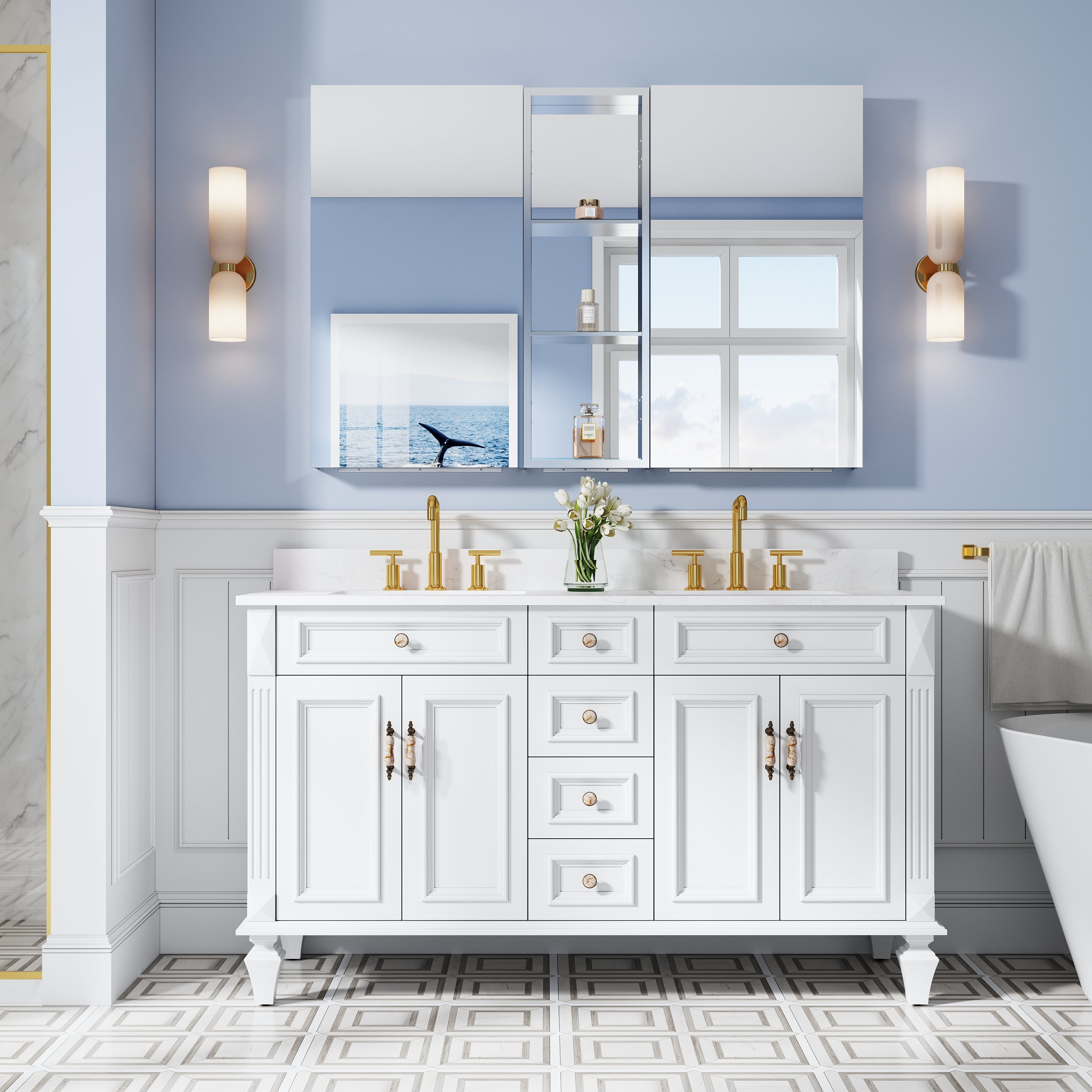 52 in. ×36 in. Bathroom Medicine Cabinet Set with Copper-Free Tri-View Mirror and Open Side Cabinet, Recessed or Surface Mount