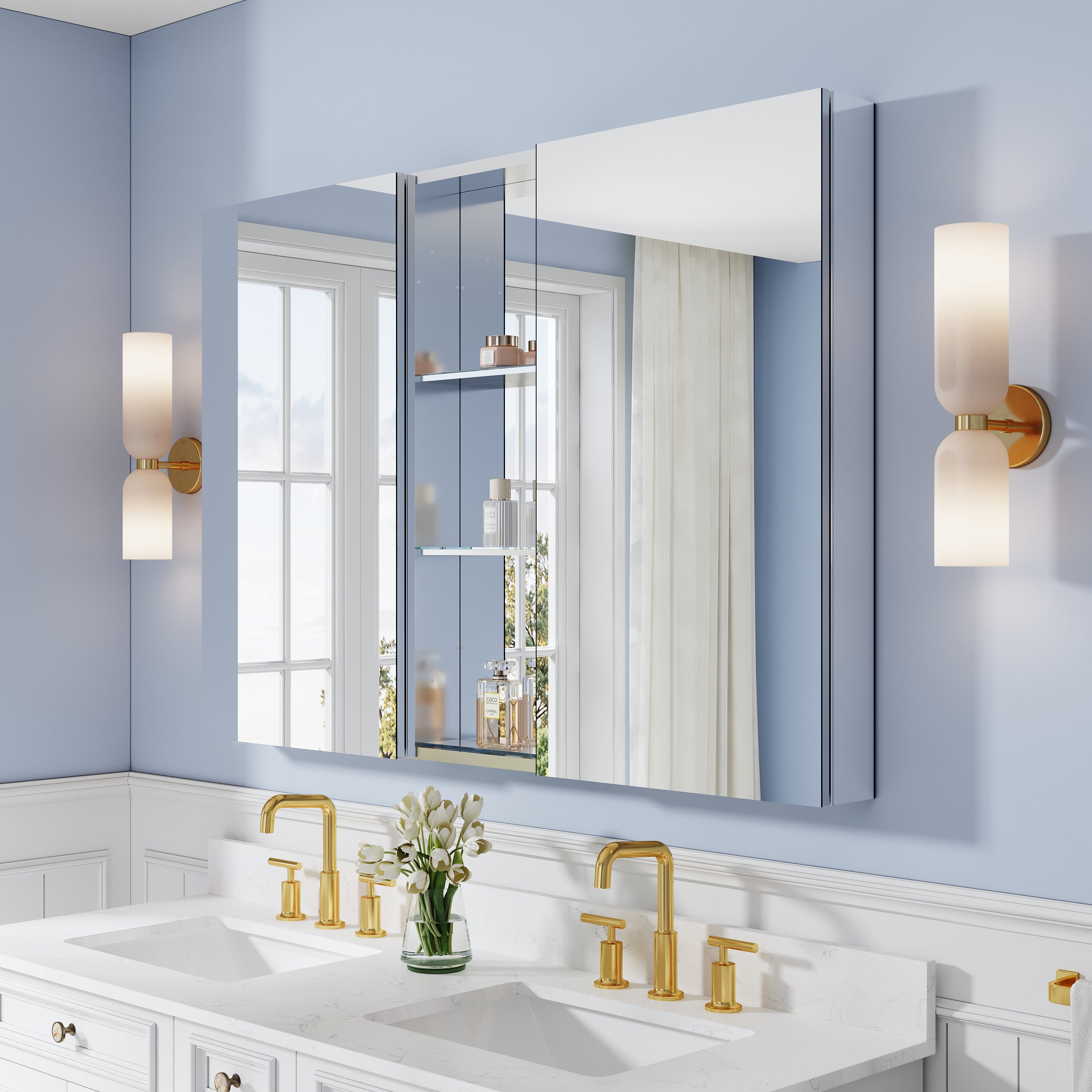 52 in. ×36 in. Bathroom Medicine Cabinet Set with Copper-Free Tri-View Mirror and Open Side Cabinet, Recessed or Surface Mount