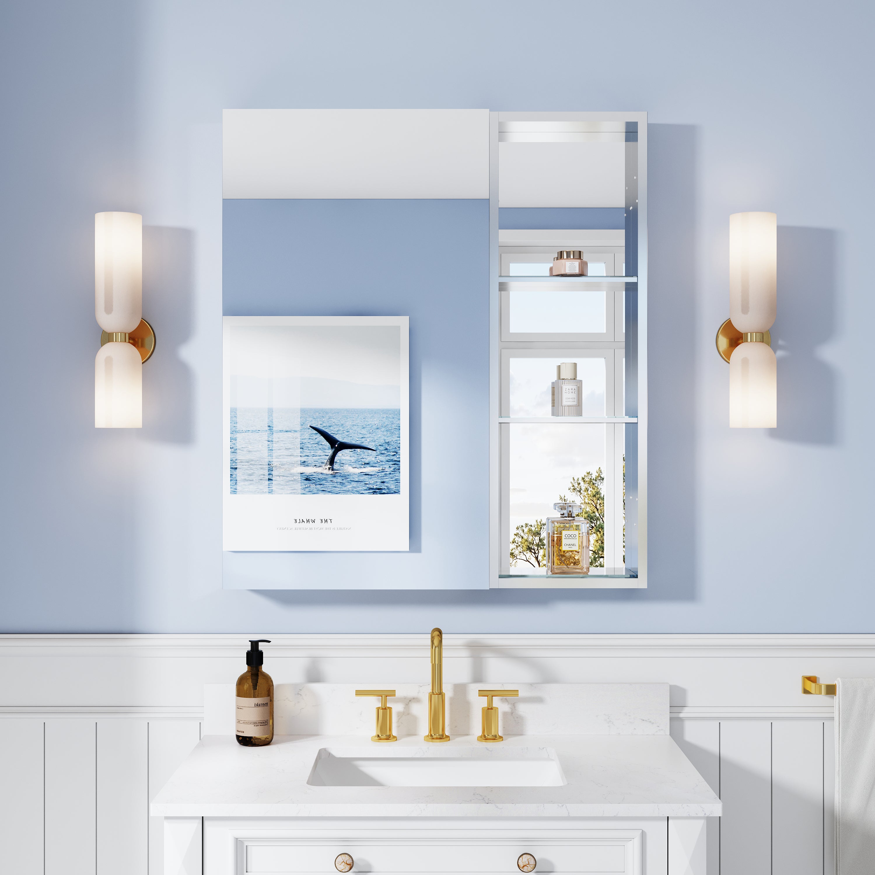 32 in. ×36 in. Bathroom Medicine Cabinet Set with Copper-Free Tri-View Mirror and Open Side Cabinet, Recessed or Surface Mount