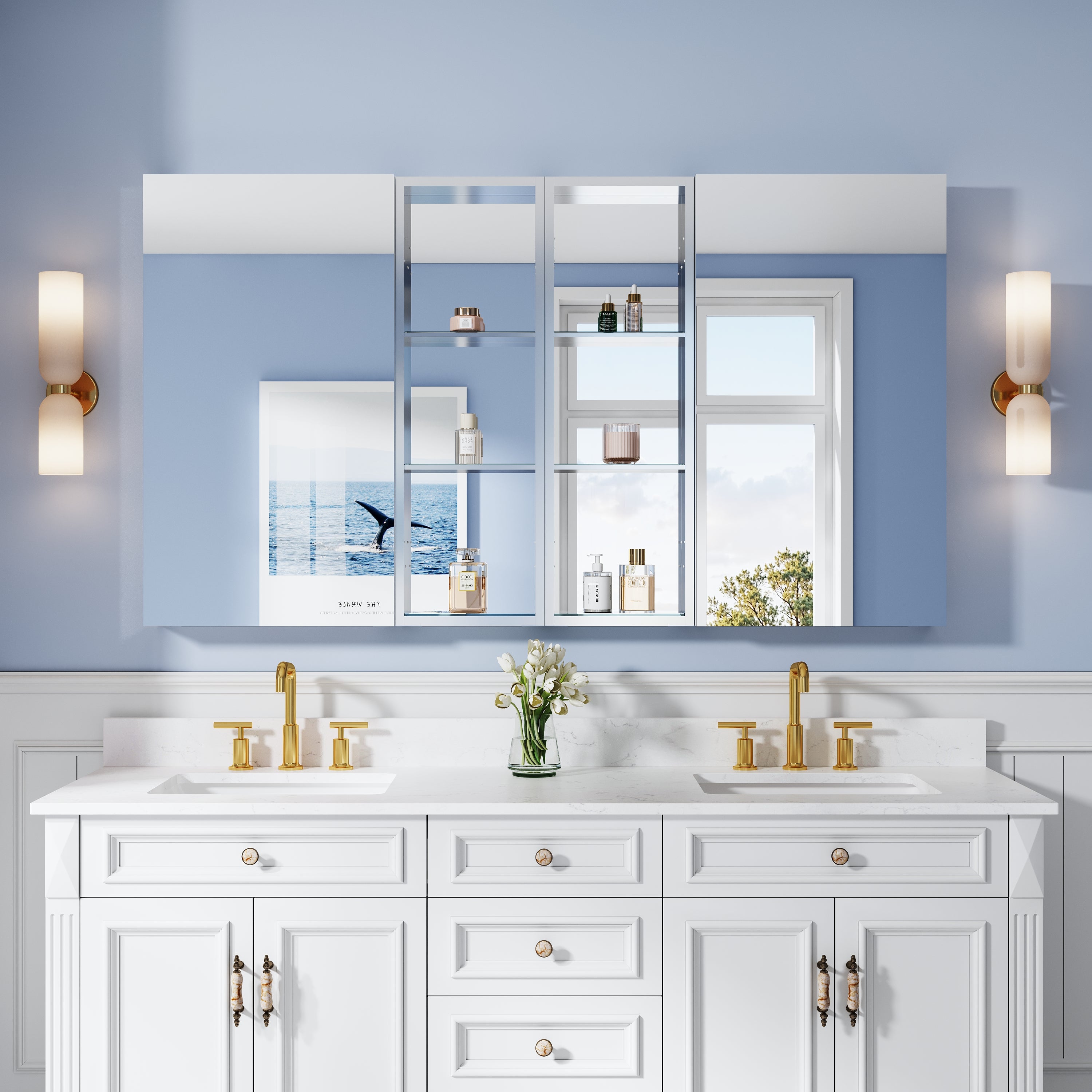 64 in. ×36 in. Bathroom Medicine Cabinet Set with Copper-Free Tri-View Mirror and Open Side Cabinet, Recessed or Surface Mount