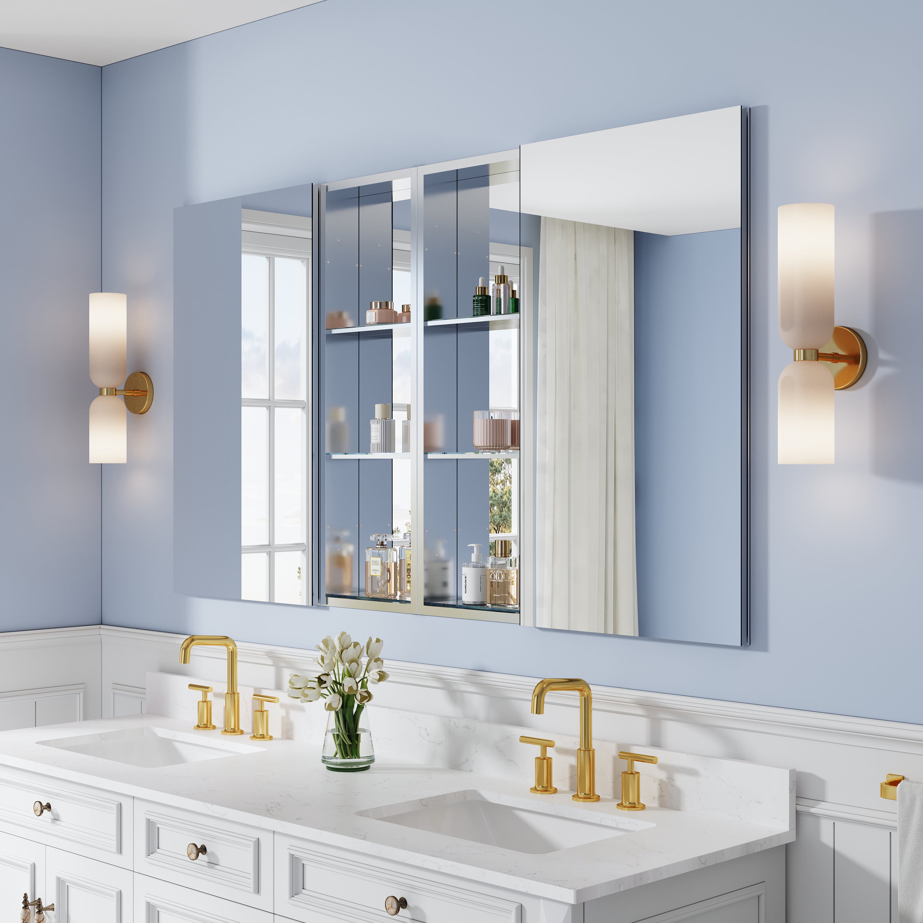 64 in. ×36 in. Bathroom Medicine Cabinet Set with Copper-Free Tri-View Mirror and Open Side Cabinet, Recessed or Surface Mount