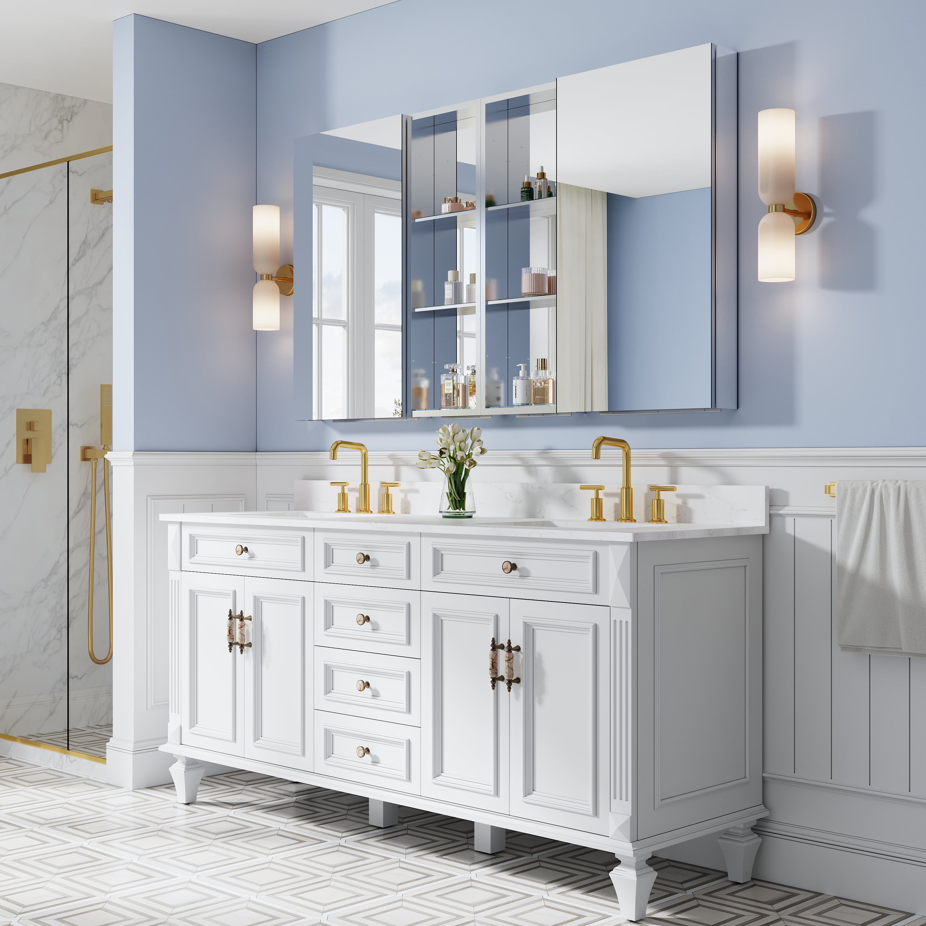 64 in. ×36 in. Bathroom Medicine Cabinet Set with Copper-Free Tri-View Mirror and Open Side Cabinet, Recessed or Surface Mount