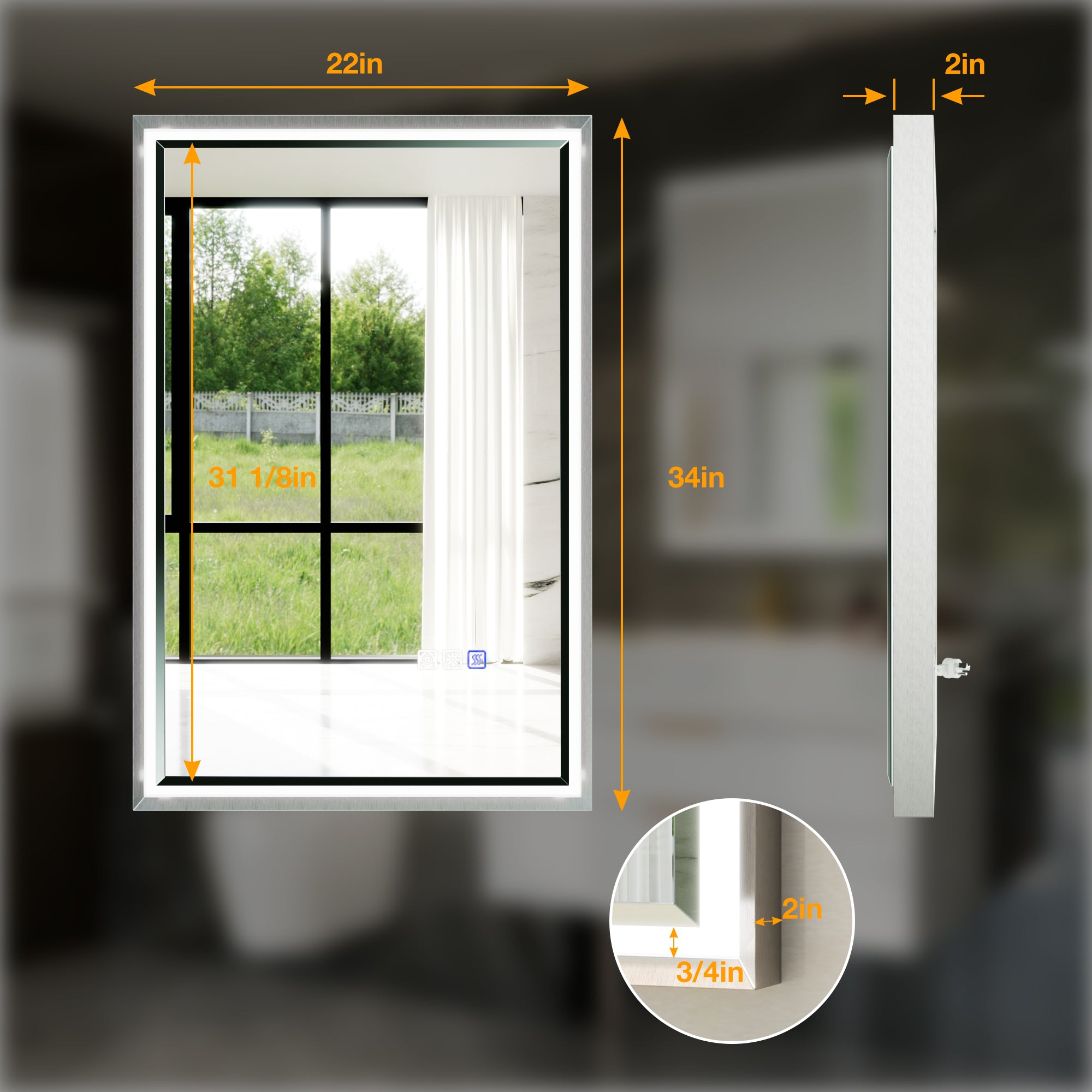 22 in. W x 34 in. Aluminum Framed LED Bathroom Mirror - Anti-Fog, Dimmable, Smart Memory, Brushed Nickel