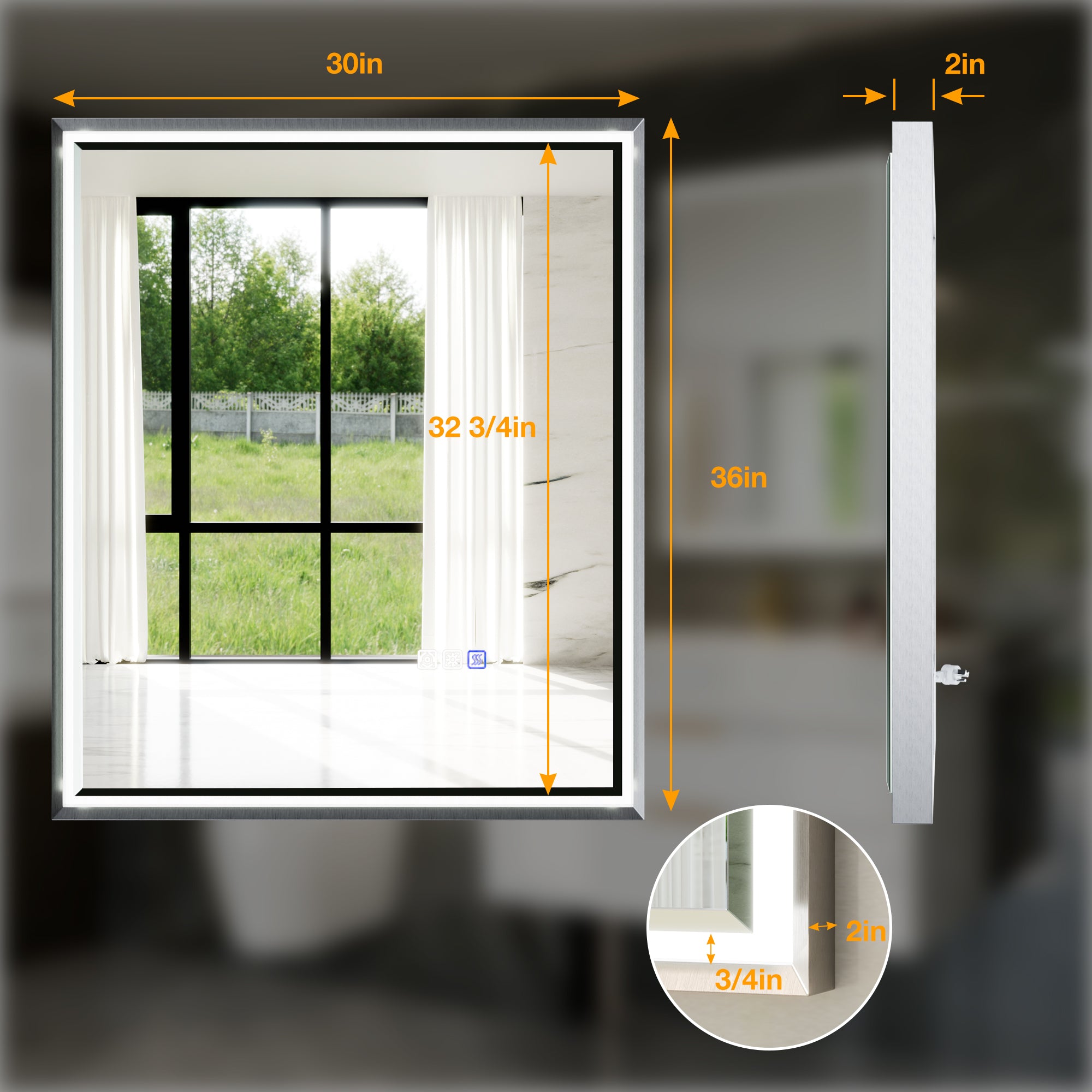 30 in. W x 36 in. Aluminum Framed LED Bathroom Mirror - Anti-Fog, Dimmable, Smart Memory, Brushed Nickel