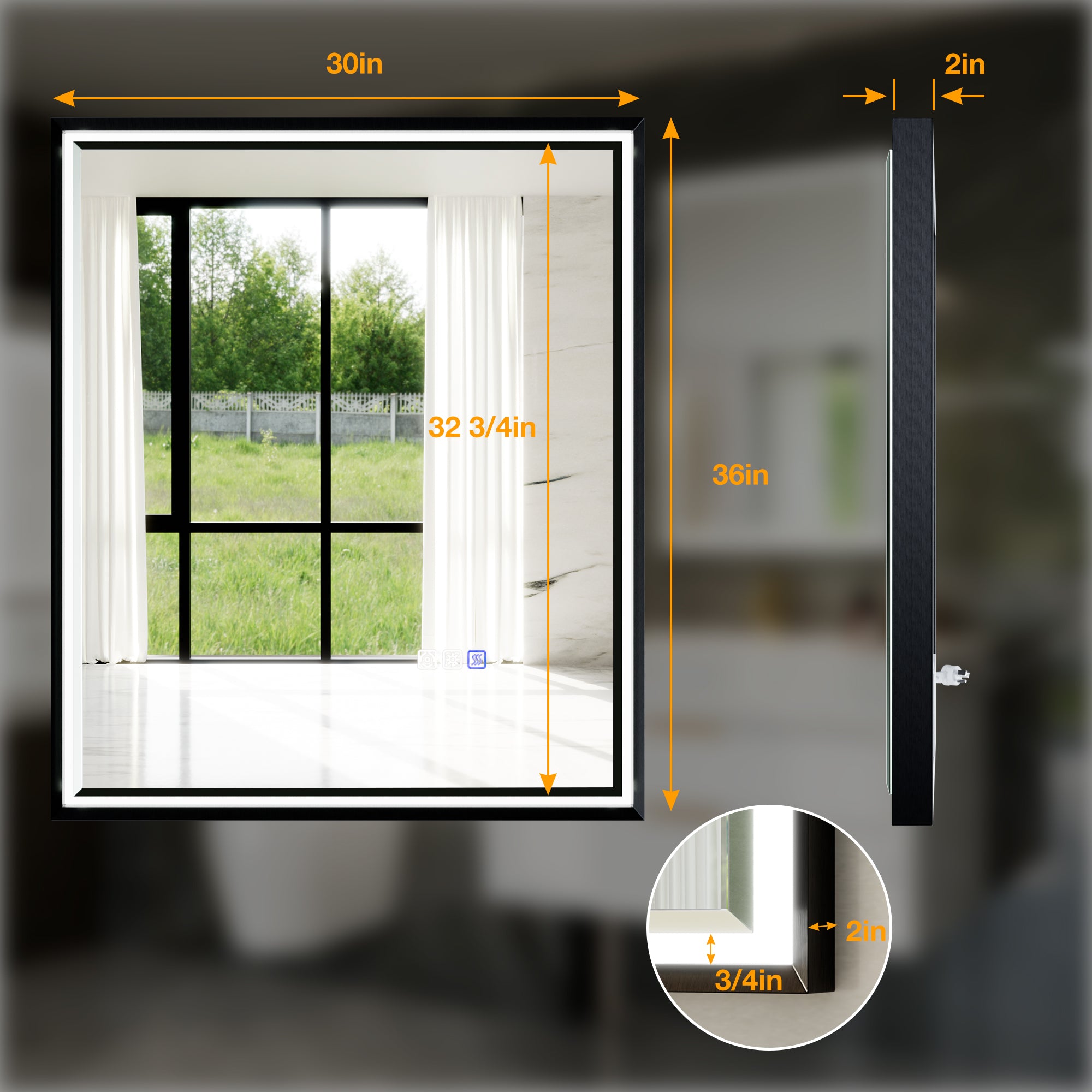 30 in. W x 36 in. Aluminum Framed LED Bathroom Mirror - Anti-Fog, Dimmable, Smart Memory, Matte Black