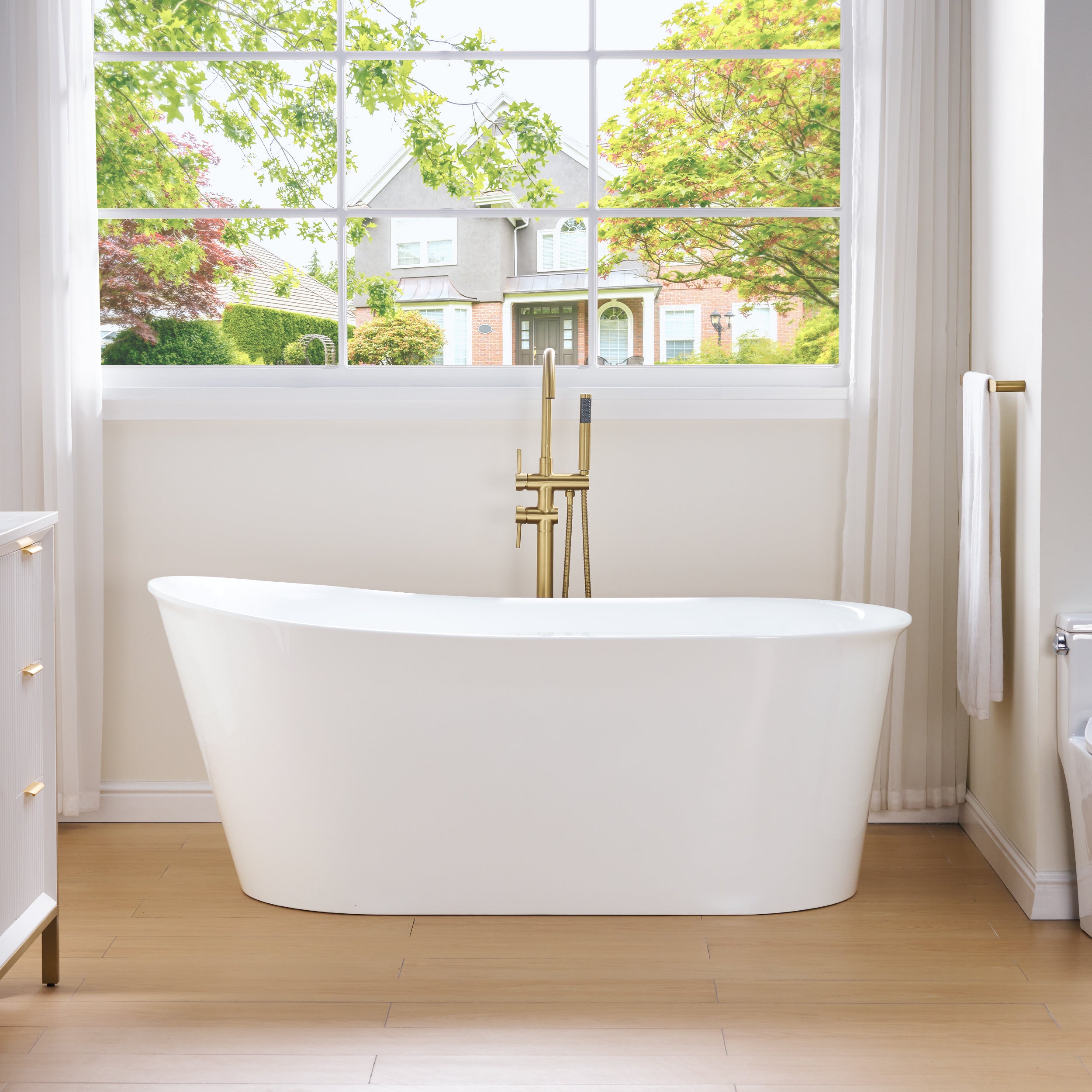 66" Freestanding Glossy White Acrylic Bathtub with Overflow and Drainage