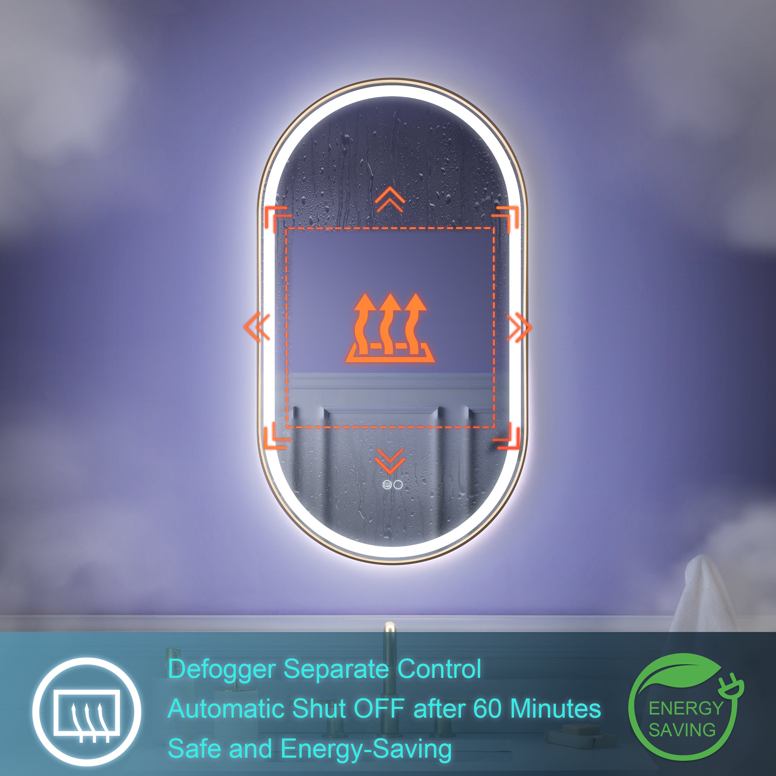 20 in. W x 36 in. H Oval LED Framed Mirror, Anti-Fog, Dimmable in Brushed Gold