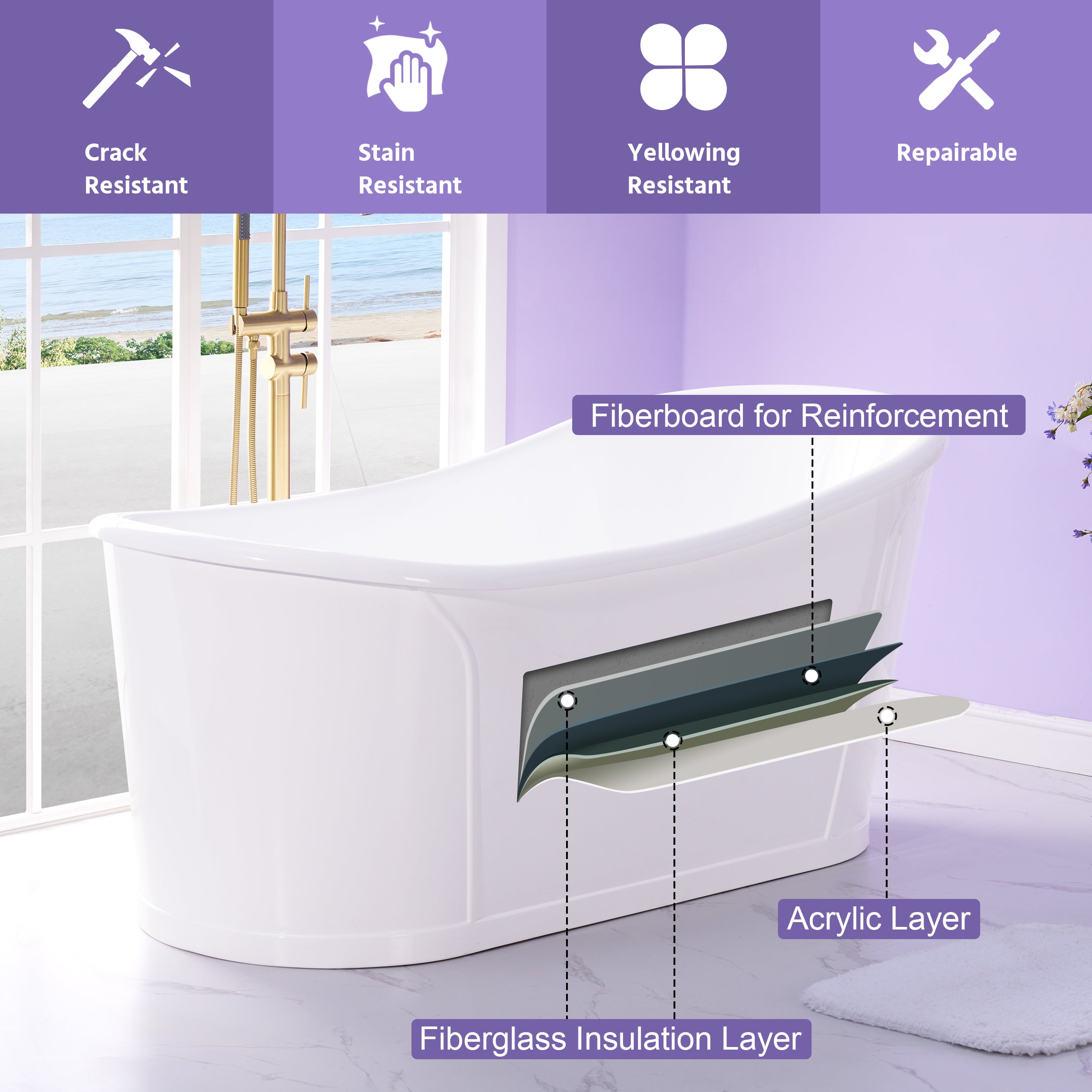 66" White Acrylic Freestanding Bathtub with Integrated Slotted Overflow