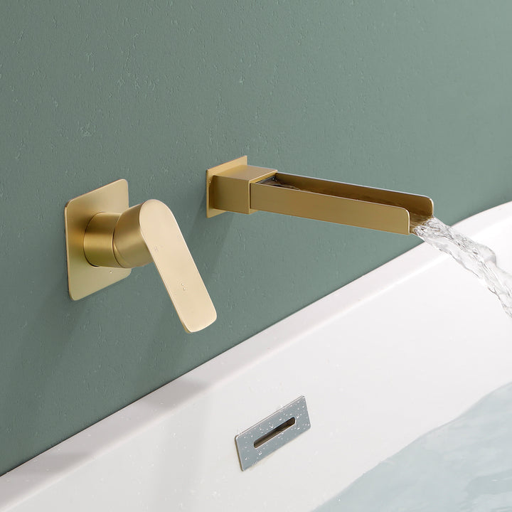 Wall Mount Bathroom Faucet for Sink Waterfall Bathroom Sink Faucet with Rough-in Valve Trim Kit Brushed Gold Tub Filler Faucets
