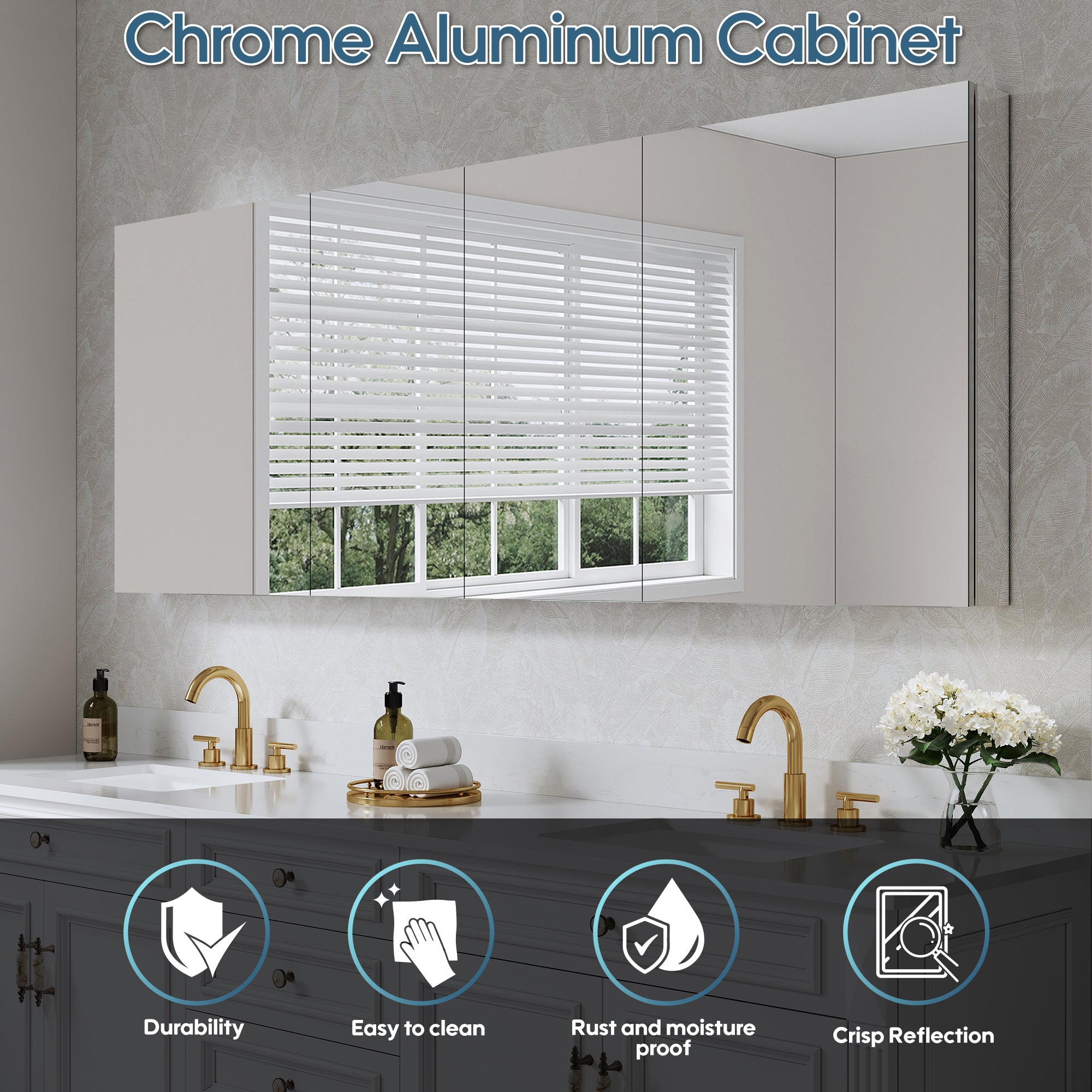 80 in. ×30 in. Copper-Free Tri-Views Mirror Medicine Cabinet with Adjustable Shelves and 4 Swing Doors