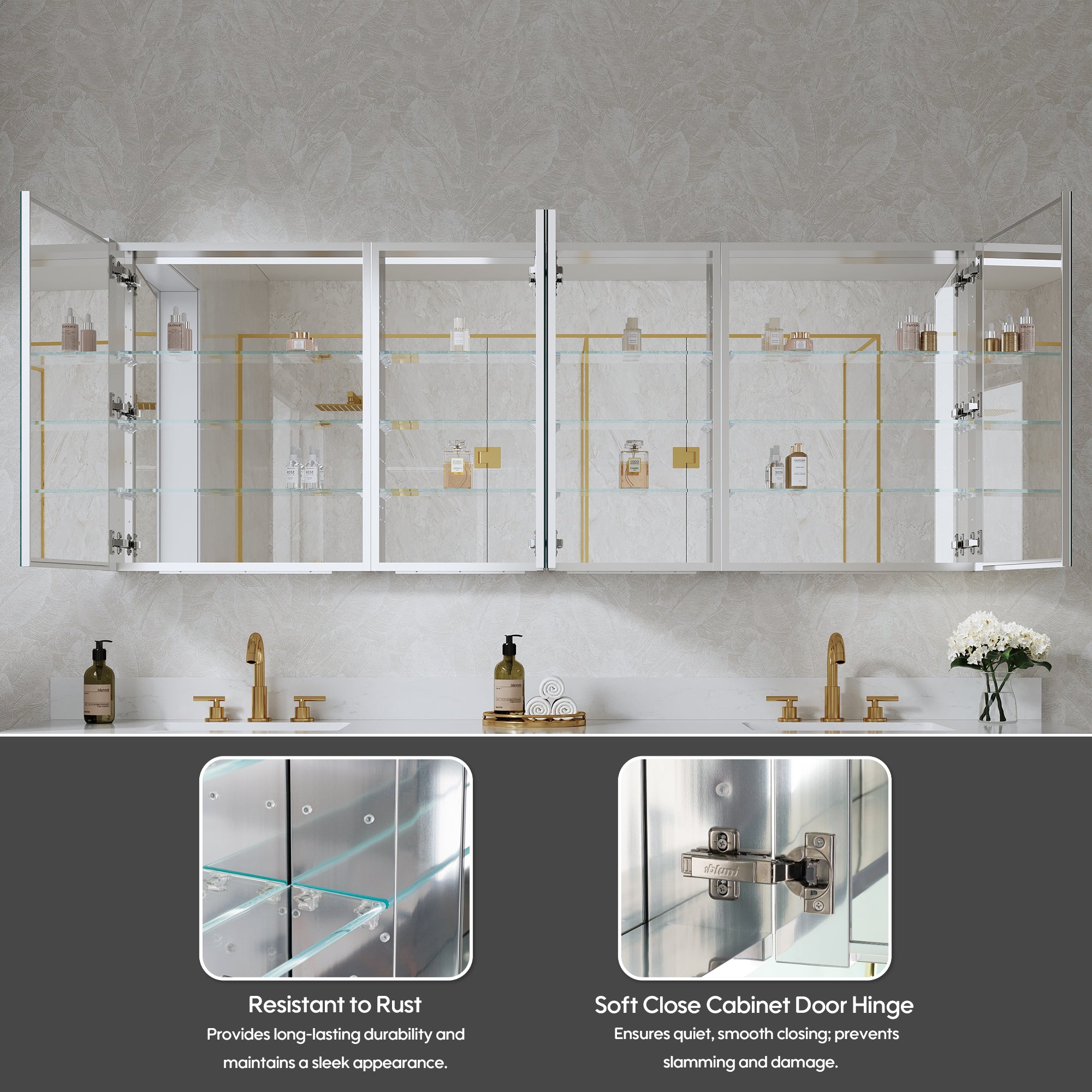 80 in. ×30 in. Copper-Free Tri-Views Mirror Medicine Cabinet with Adjustable Shelves and 4 Swing Doors