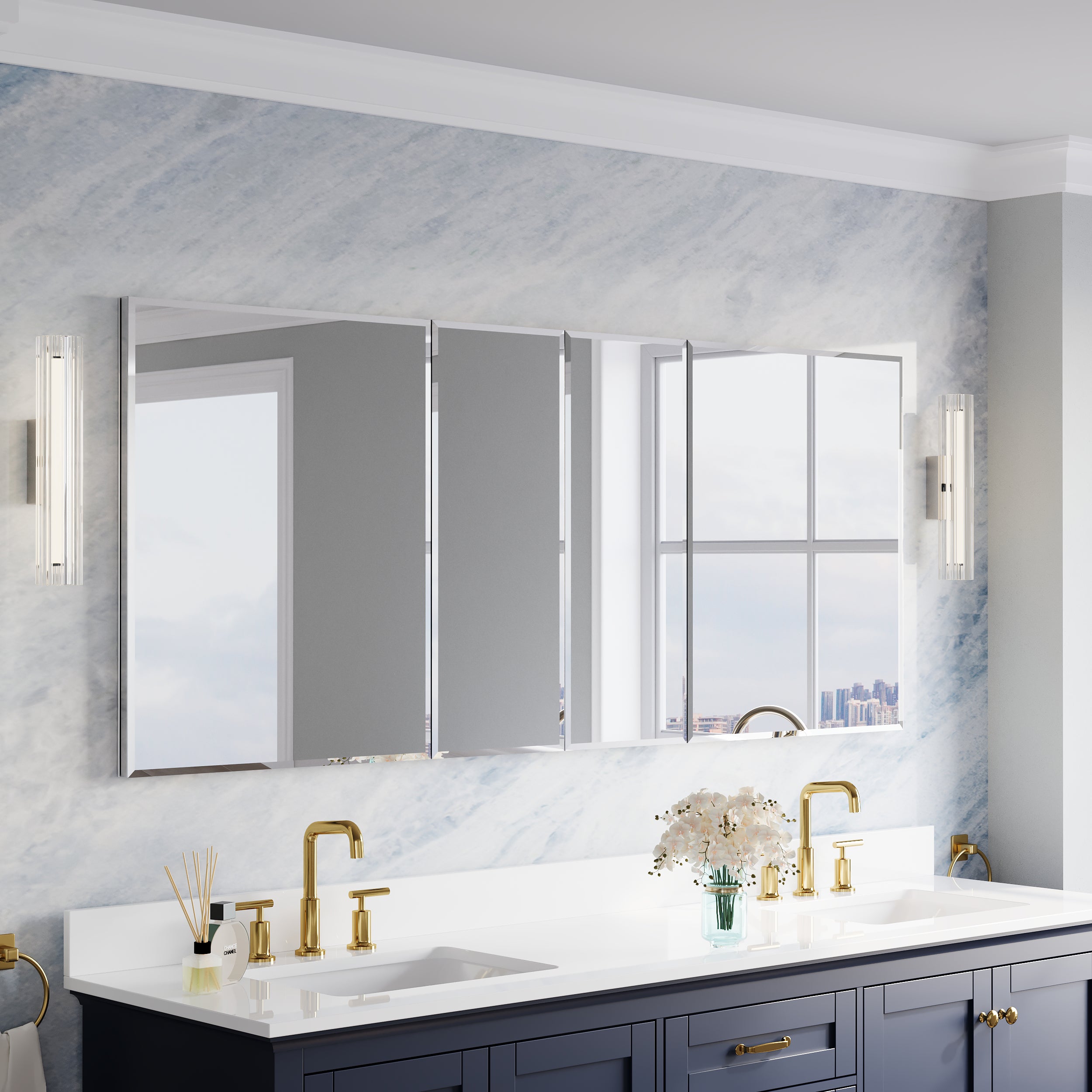 72 in.×30 in.H Aluminum Copper-Free Mirror Medicine Cabinet with Beveled Mirror Door, Recessed or Surface Mount, 12 Adjustable Shelves