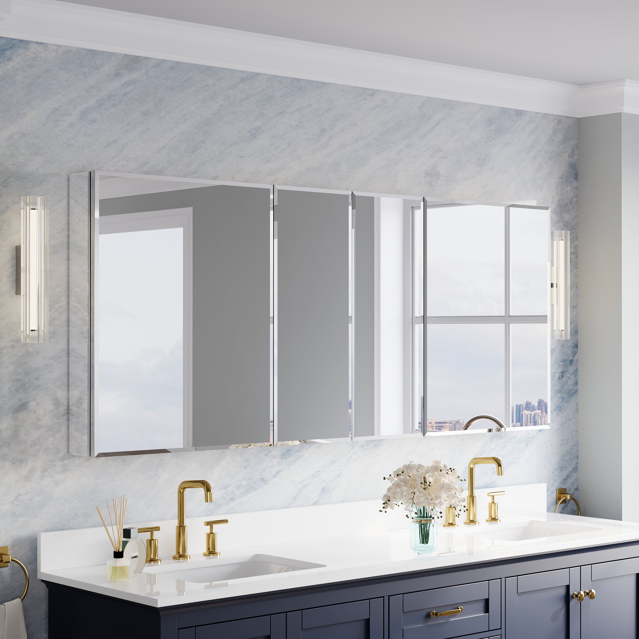 72 in.×30 in.H Aluminum Copper-Free Mirror Medicine Cabinet with Beveled Mirror Door, Recessed or Surface Mount, 12 Adjustable Shelves