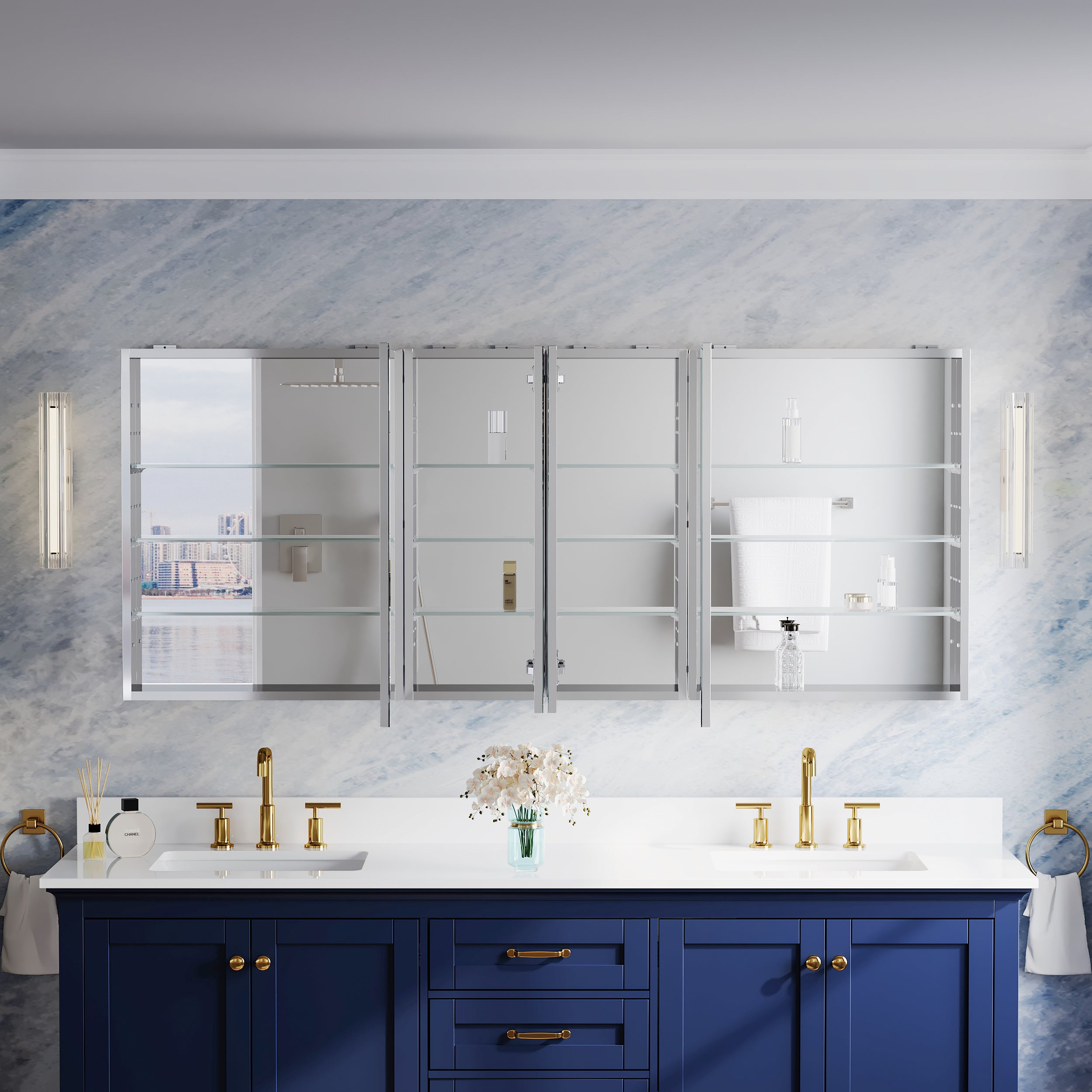 72 in.×30 in.H Aluminum Copper-Free Mirror Medicine Cabinet with Beveled Mirror Door, Recessed or Surface Mount, 12 Adjustable Shelves