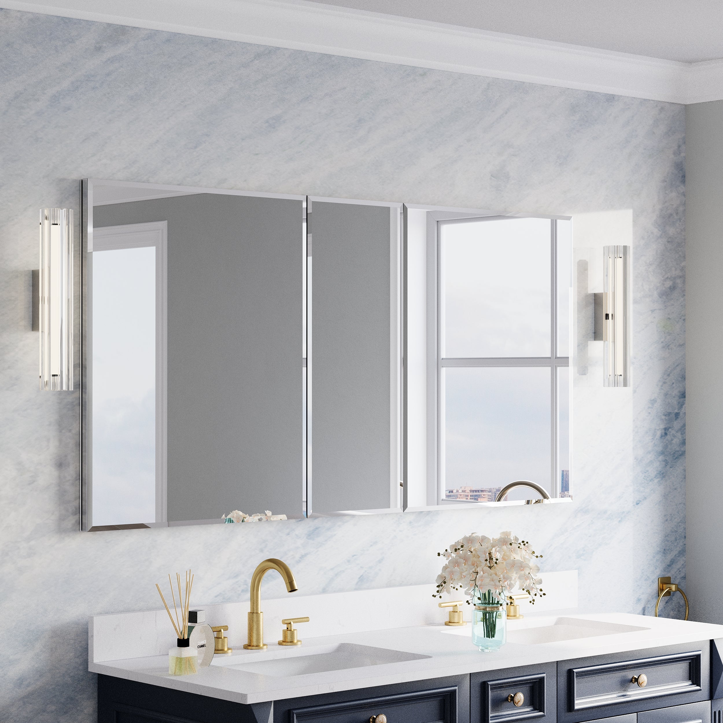 60 in.×30 in.H Aluminum Copper-Free Mirror Medicine Cabinet with Beveled Mirror Door, Recessed or Surface Mount, Adjustable Shelves