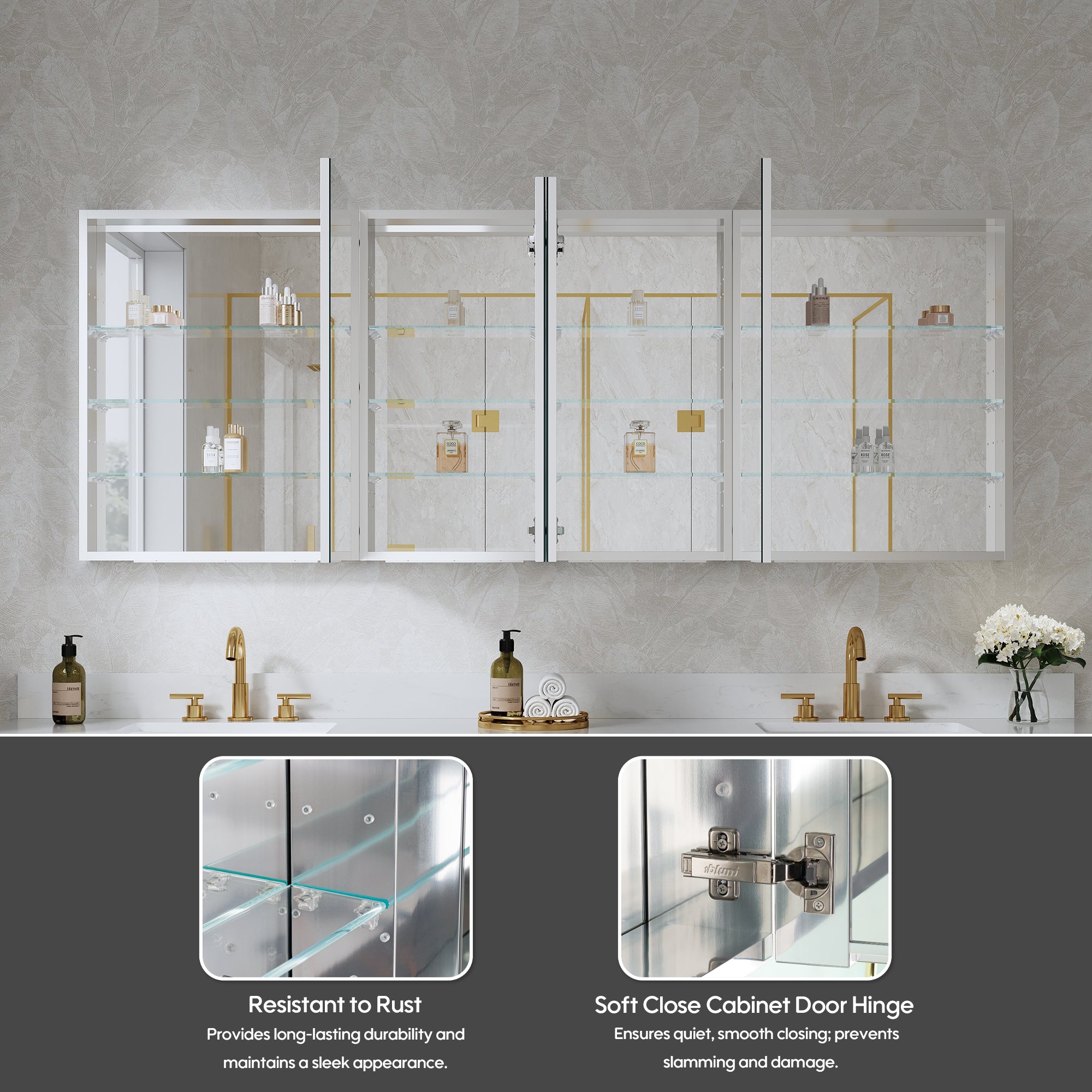80 in. ×30 in. Copper-Free Tri-Views Mirror Medicine Cabinet with Adjustable Shelves and 4 Swing Doors