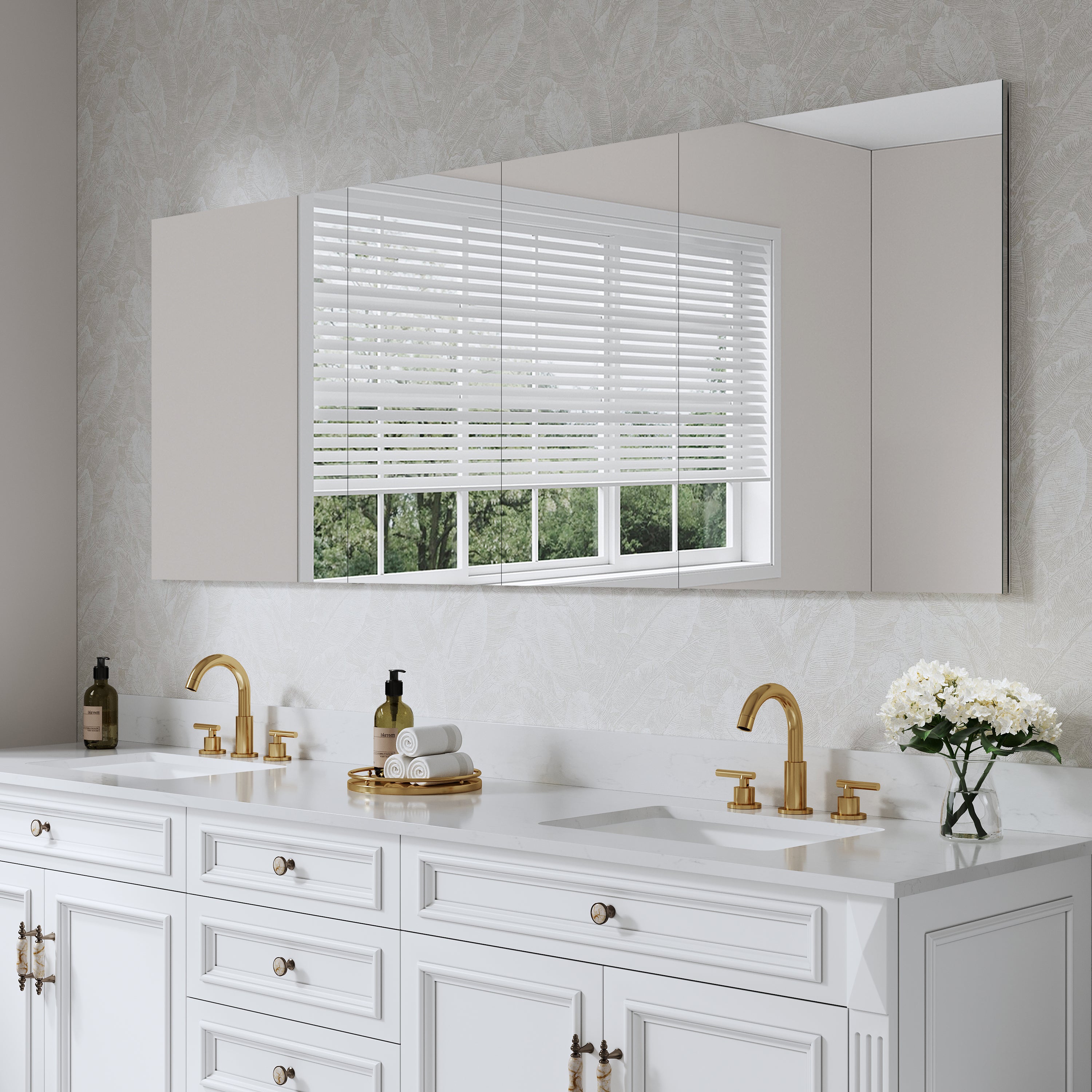 80 in. ×30 in. Copper-Free Tri-Views Mirror Medicine Cabinet with Adjustable Shelves and 4 Swing Doors