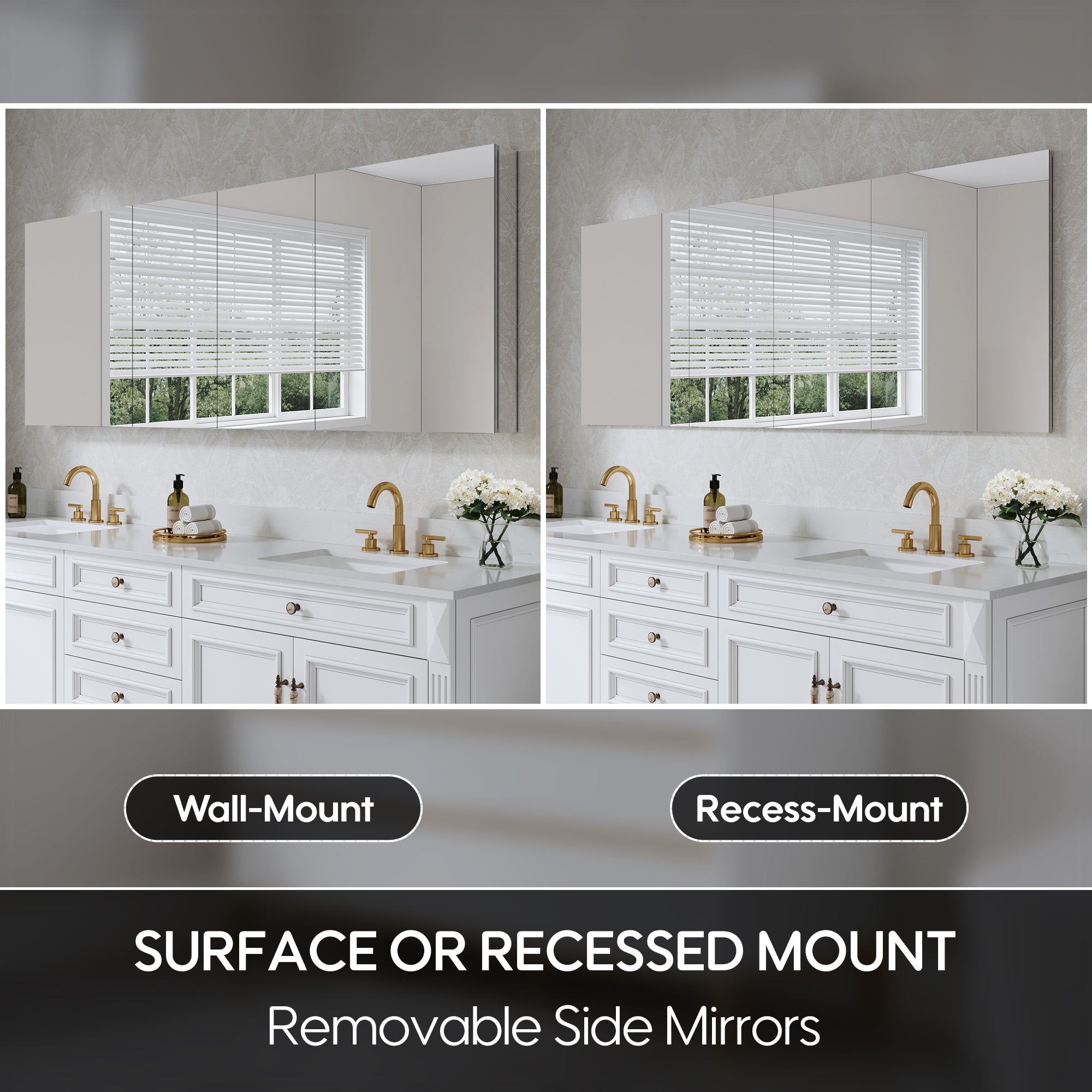 80 in. ×30 in. Copper-Free Tri-Views Mirror Medicine Cabinet with Adjustable Shelves and 4 Swing Doors